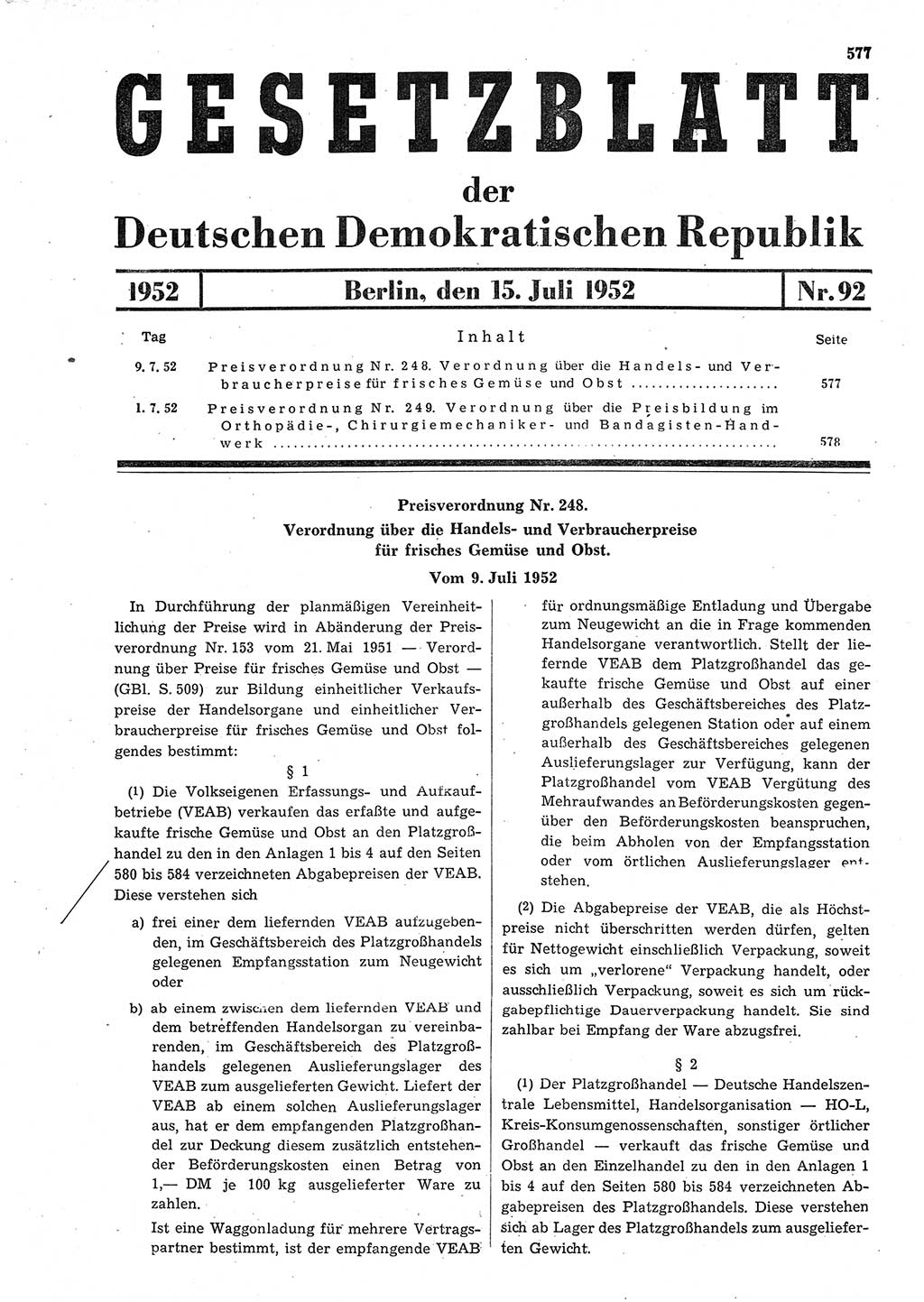 Gesetzblatt (GBl.) der Deutschen Demokratischen Republik (DDR) 1952, Seite 577 (GBl. DDR 1952, S. 577)