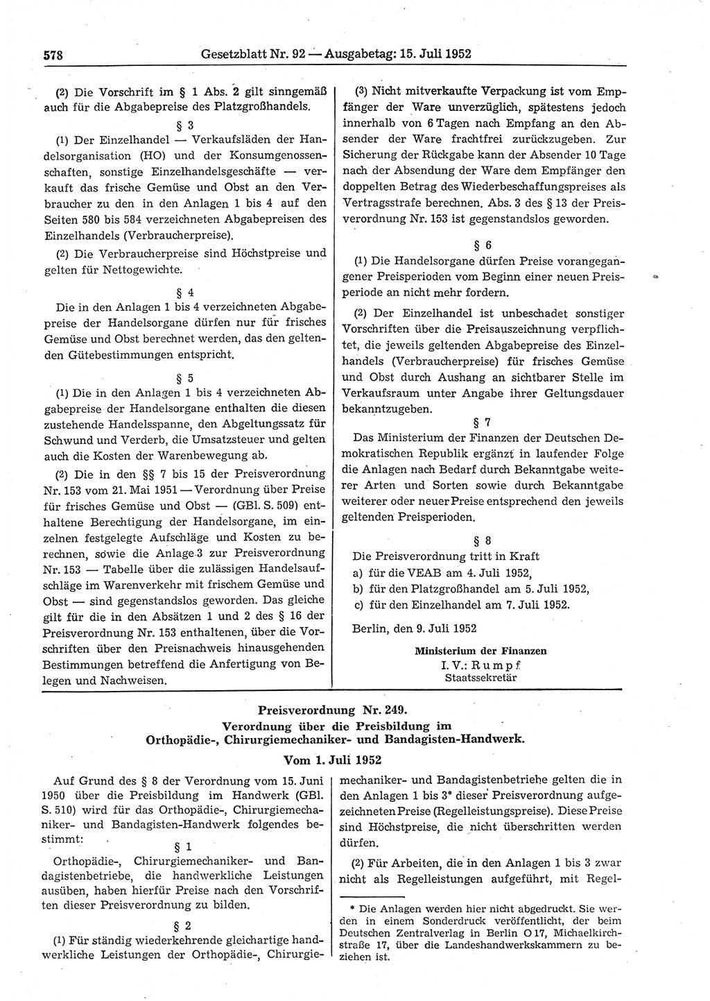 Gesetzblatt (GBl.) der Deutschen Demokratischen Republik (DDR) 1952, Seite 578 (GBl. DDR 1952, S. 578)