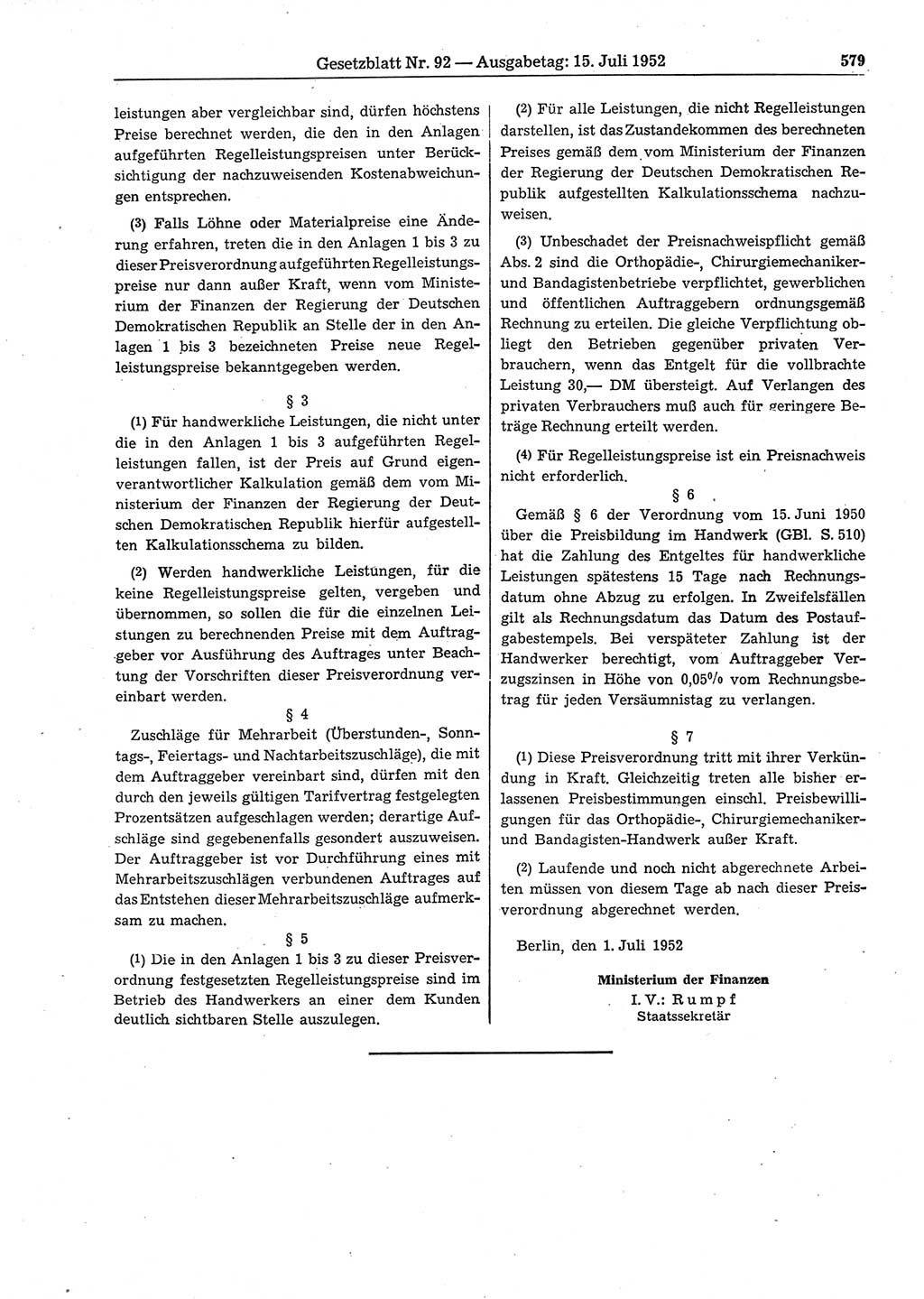 Gesetzblatt (GBl.) der Deutschen Demokratischen Republik (DDR) 1952, Seite 579 (GBl. DDR 1952, S. 579)