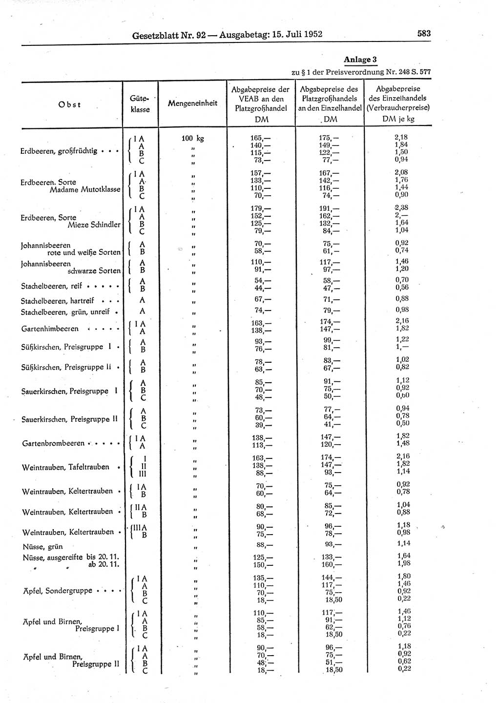 Gesetzblatt (GBl.) der Deutschen Demokratischen Republik (DDR) 1952, Seite 583 (GBl. DDR 1952, S. 583)