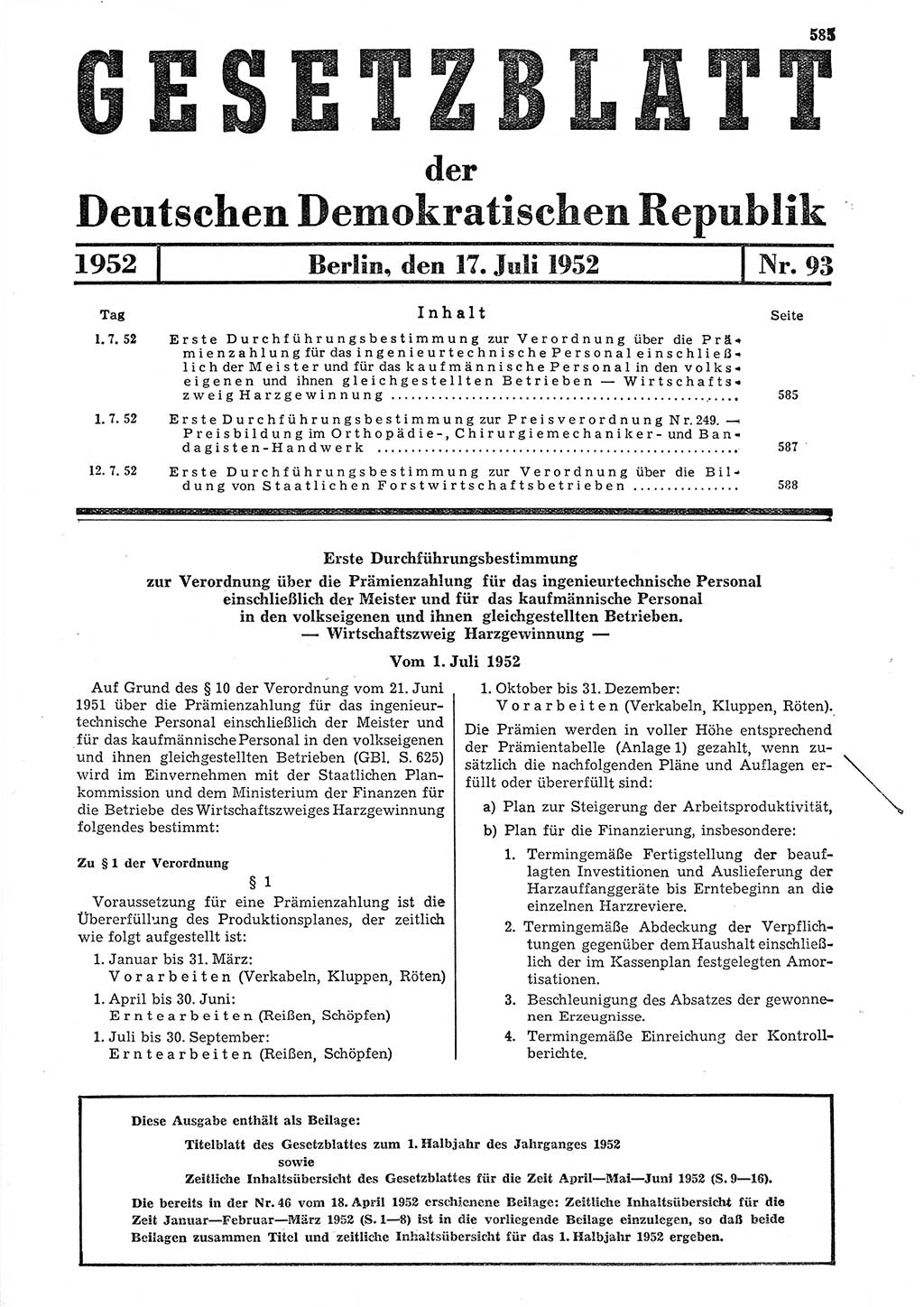 Gesetzblatt (GBl.) der Deutschen Demokratischen Republik (DDR) 1952, Seite 585 (GBl. DDR 1952, S. 585)