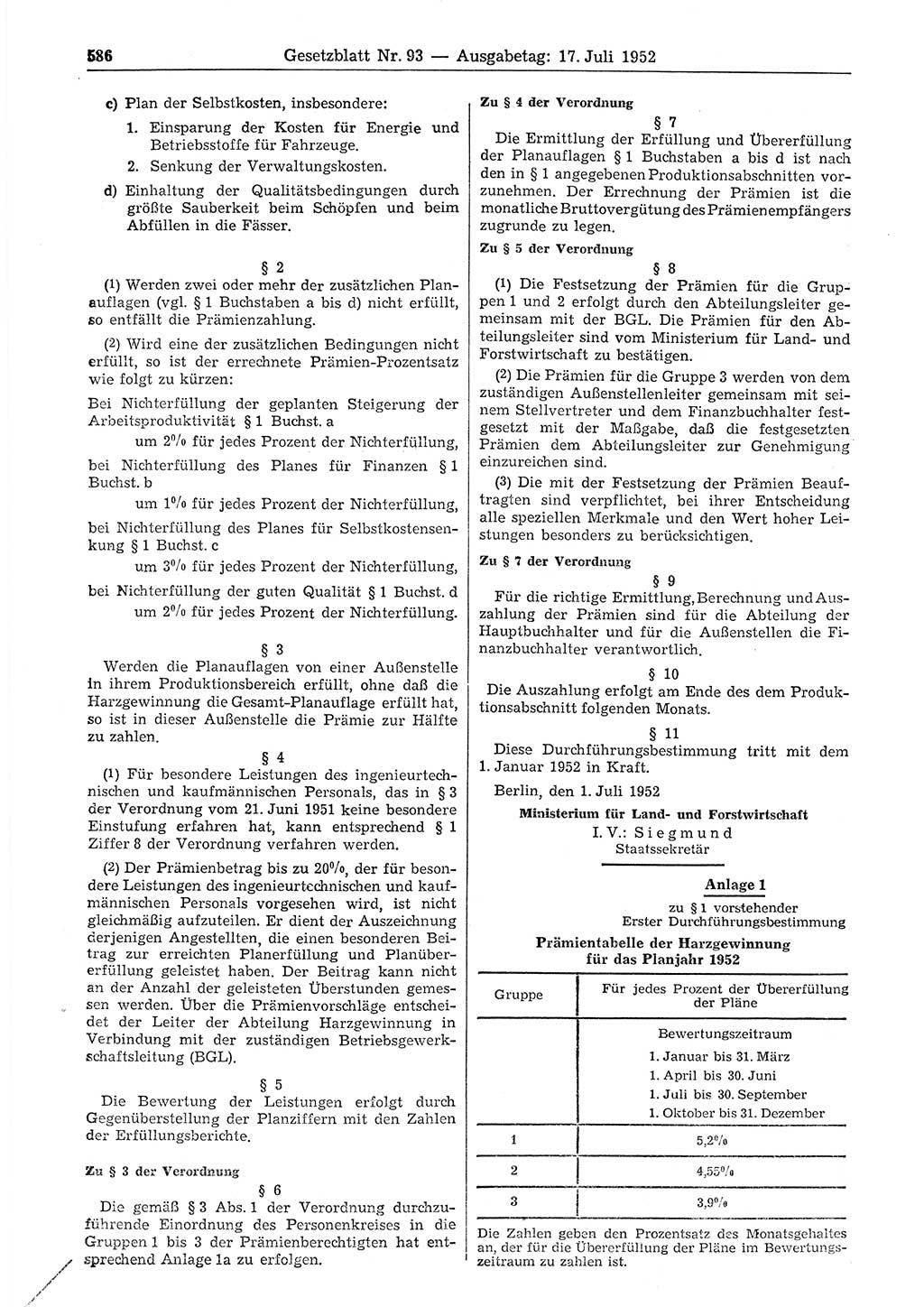 Gesetzblatt (GBl.) der Deutschen Demokratischen Republik (DDR) 1952, Seite 586 (GBl. DDR 1952, S. 586)