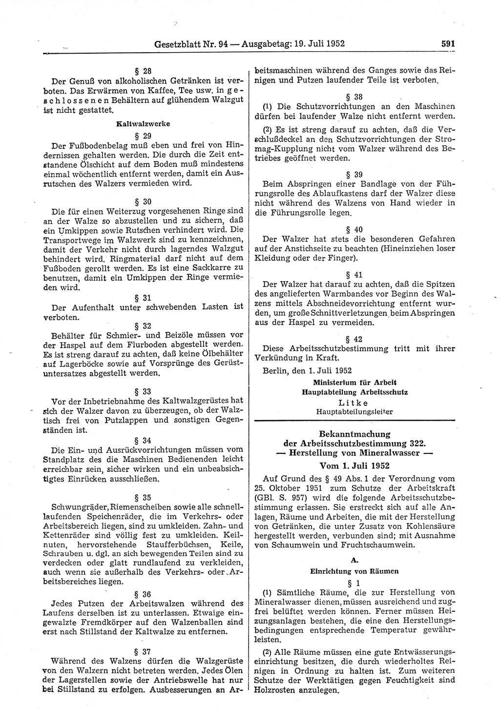 Gesetzblatt (GBl.) der Deutschen Demokratischen Republik (DDR) 1952, Seite 591 (GBl. DDR 1952, S. 591)