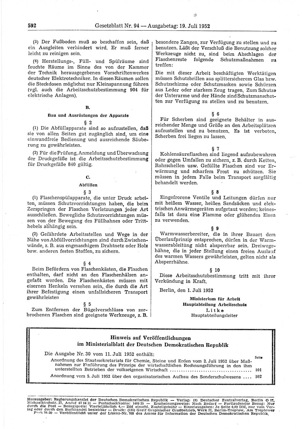 Gesetzblatt (GBl.) der Deutschen Demokratischen Republik (DDR) 1952, Seite 592 (GBl. DDR 1952, S. 592)