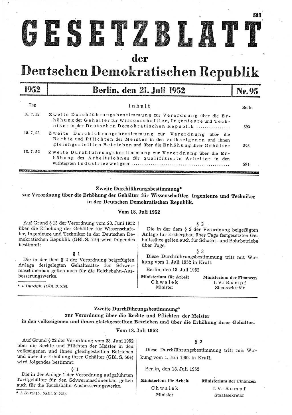 Gesetzblatt (GBl.) der Deutschen Demokratischen Republik (DDR) 1952, Seite 593 (GBl. DDR 1952, S. 593)