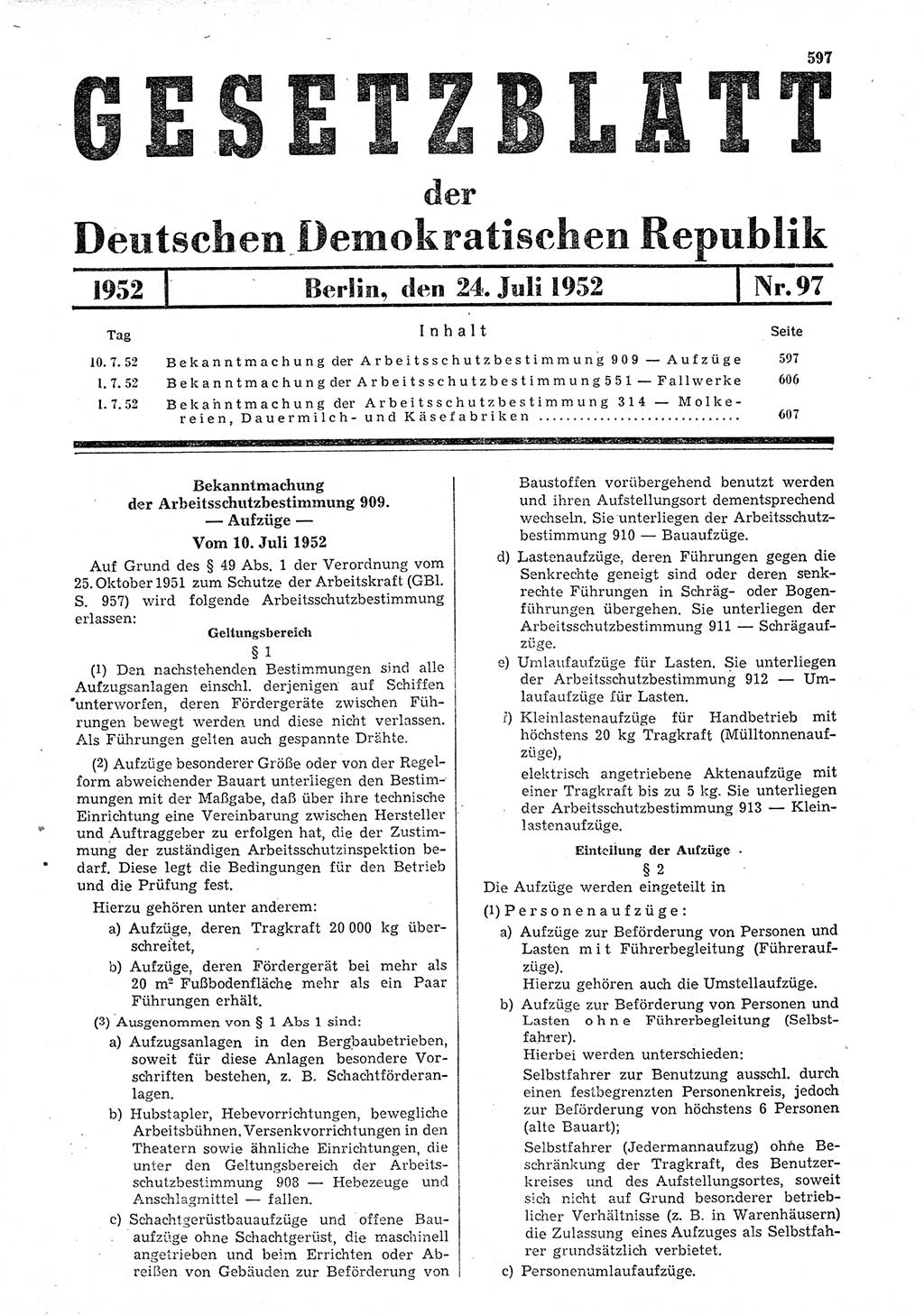 Gesetzblatt (GBl.) der Deutschen Demokratischen Republik (DDR) 1952, Seite 597 (GBl. DDR 1952, S. 597)
