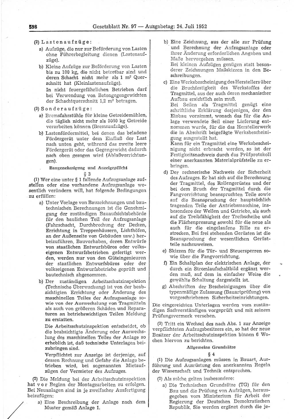Gesetzblatt (GBl.) der Deutschen Demokratischen Republik (DDR) 1952, Seite 598 (GBl. DDR 1952, S. 598)