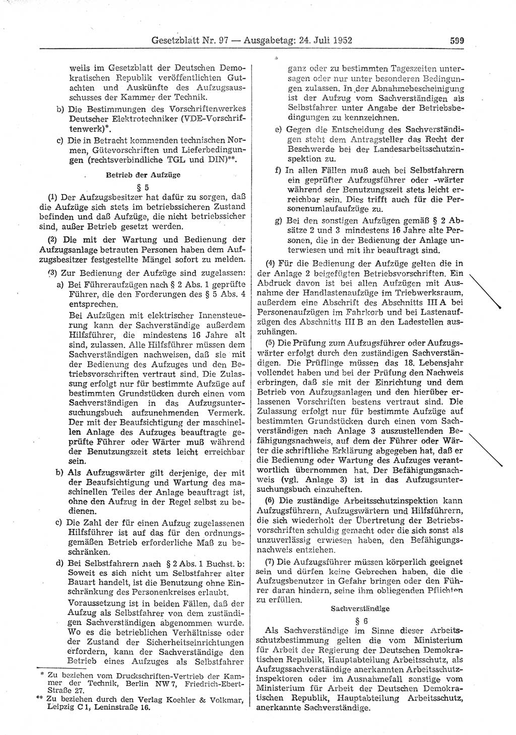 Gesetzblatt (GBl.) der Deutschen Demokratischen Republik (DDR) 1952, Seite 599 (GBl. DDR 1952, S. 599)