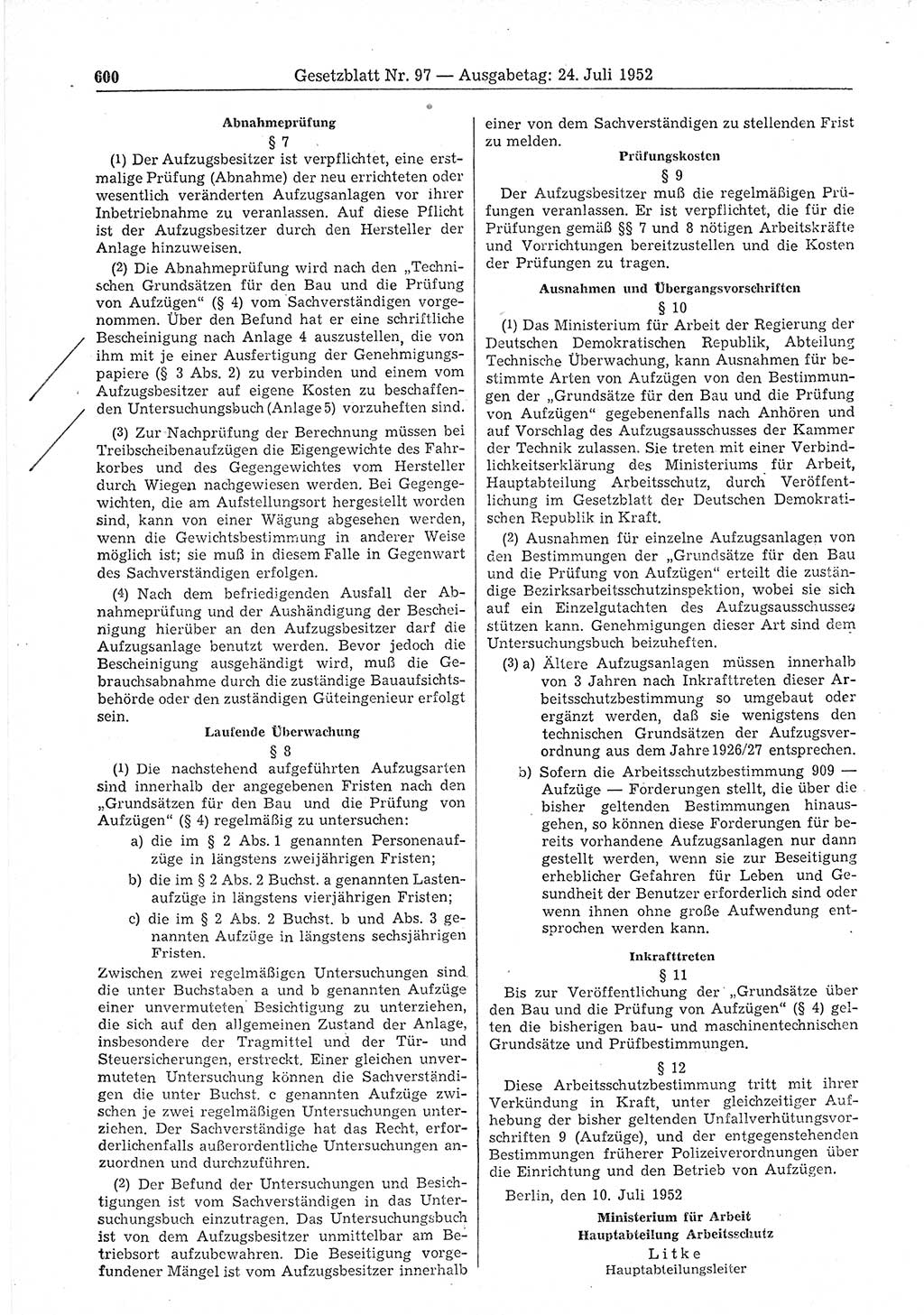 Gesetzblatt (GBl.) der Deutschen Demokratischen Republik (DDR) 1952, Seite 600 (GBl. DDR 1952, S. 600)