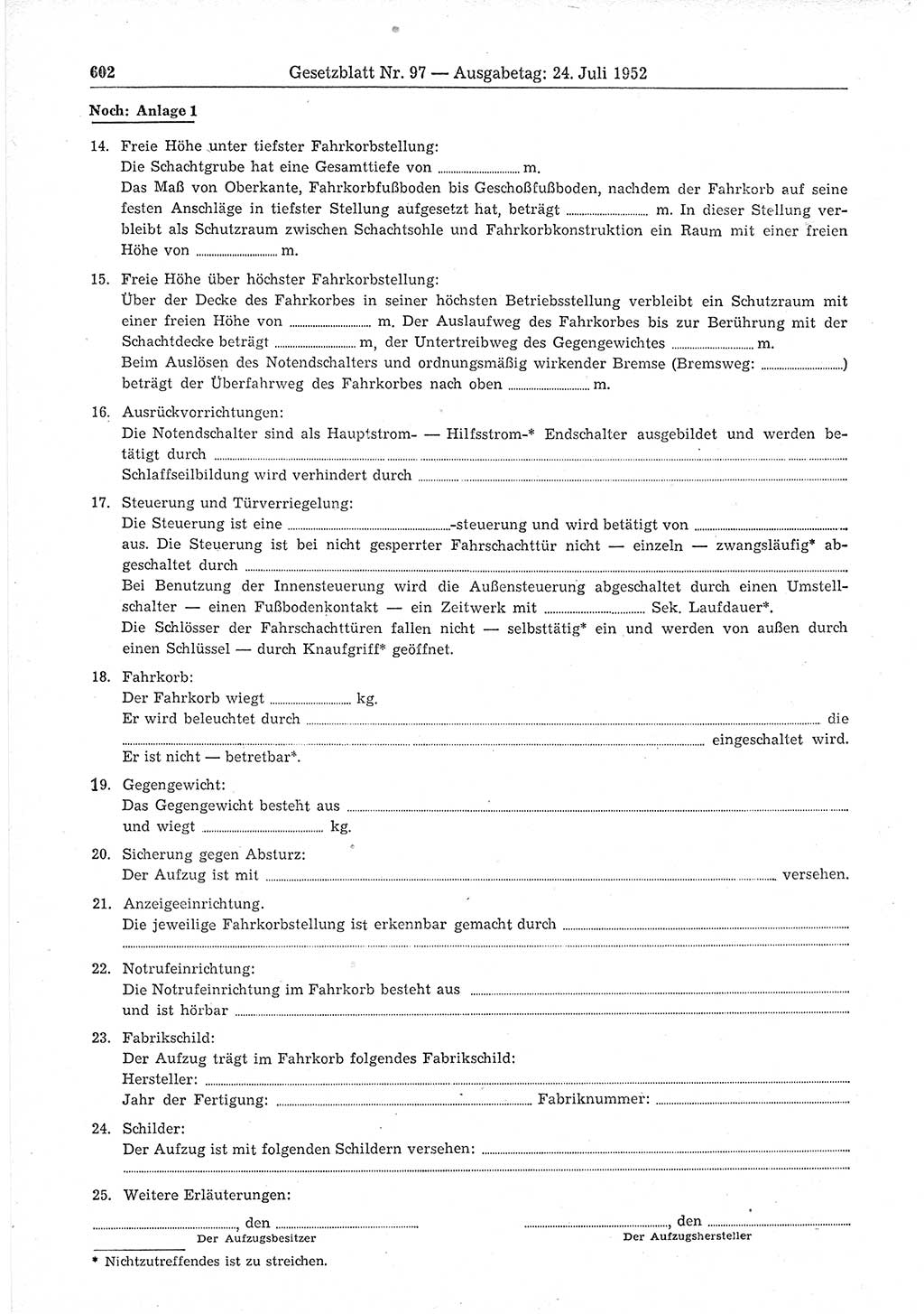 Gesetzblatt (GBl.) der Deutschen Demokratischen Republik (DDR) 1952, Seite 602 (GBl. DDR 1952, S. 602)