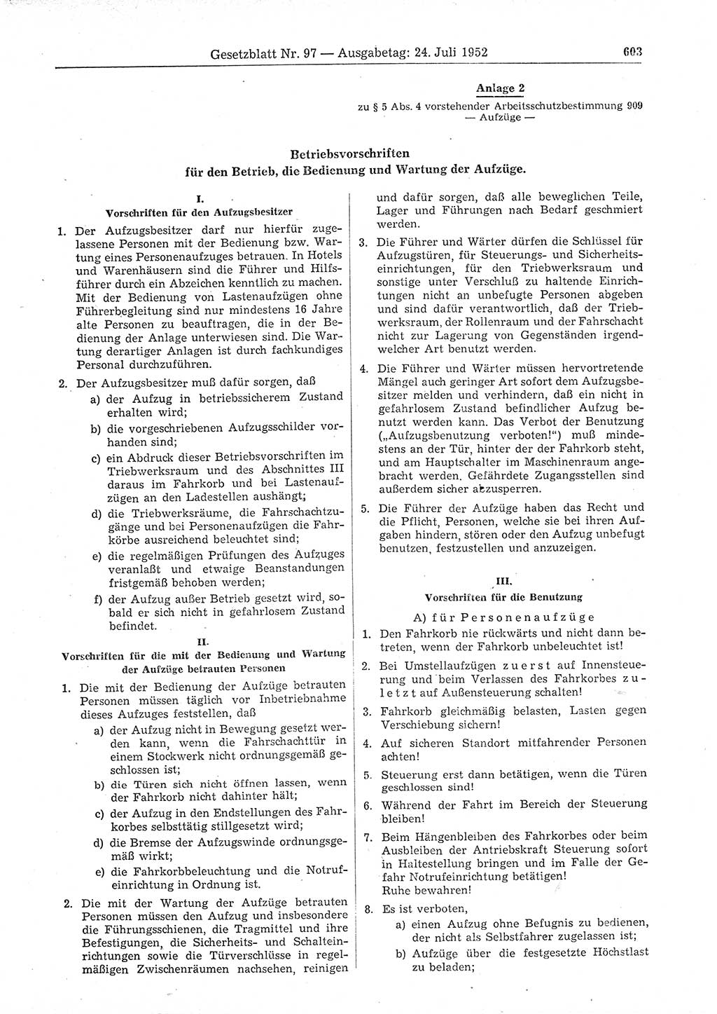 Gesetzblatt (GBl.) der Deutschen Demokratischen Republik (DDR) 1952, Seite 603 (GBl. DDR 1952, S. 603)