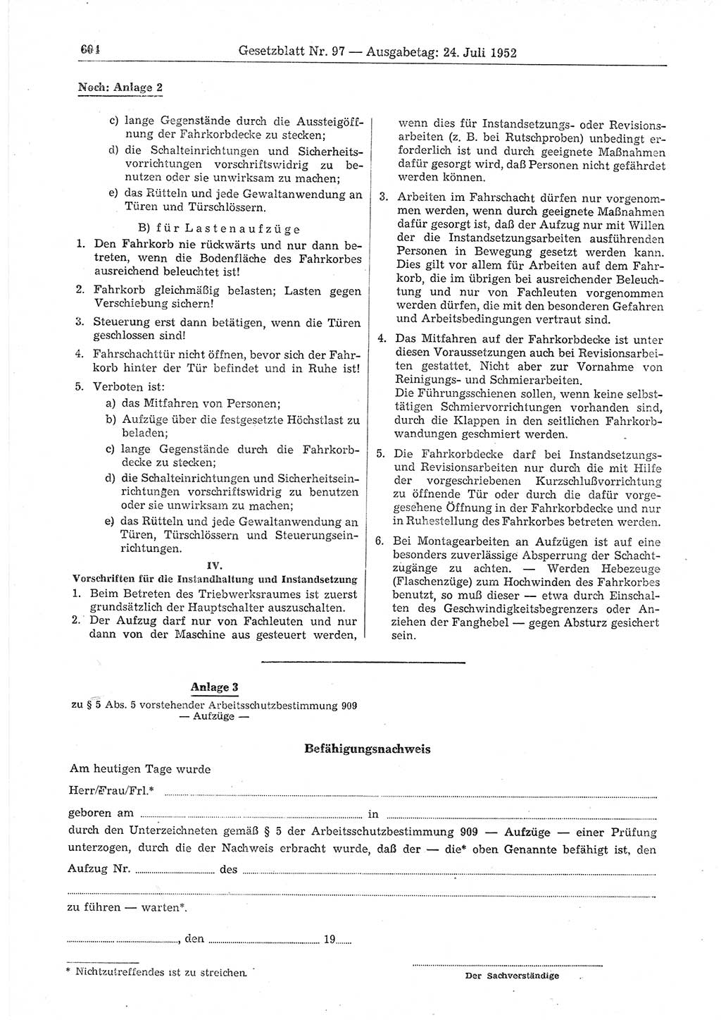 Gesetzblatt (GBl.) der Deutschen Demokratischen Republik (DDR) 1952, Seite 604 (GBl. DDR 1952, S. 604)