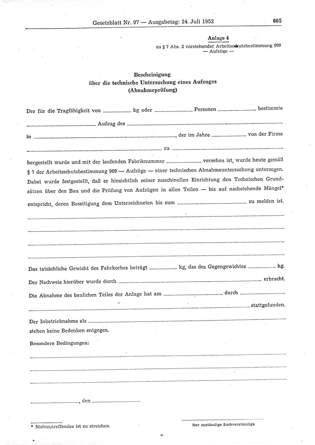 Gesetzblatt (GBl.) der Deutschen Demokratischen Republik (DDR) 1952, Seite 605 (GBl. DDR 1952, S. 605)