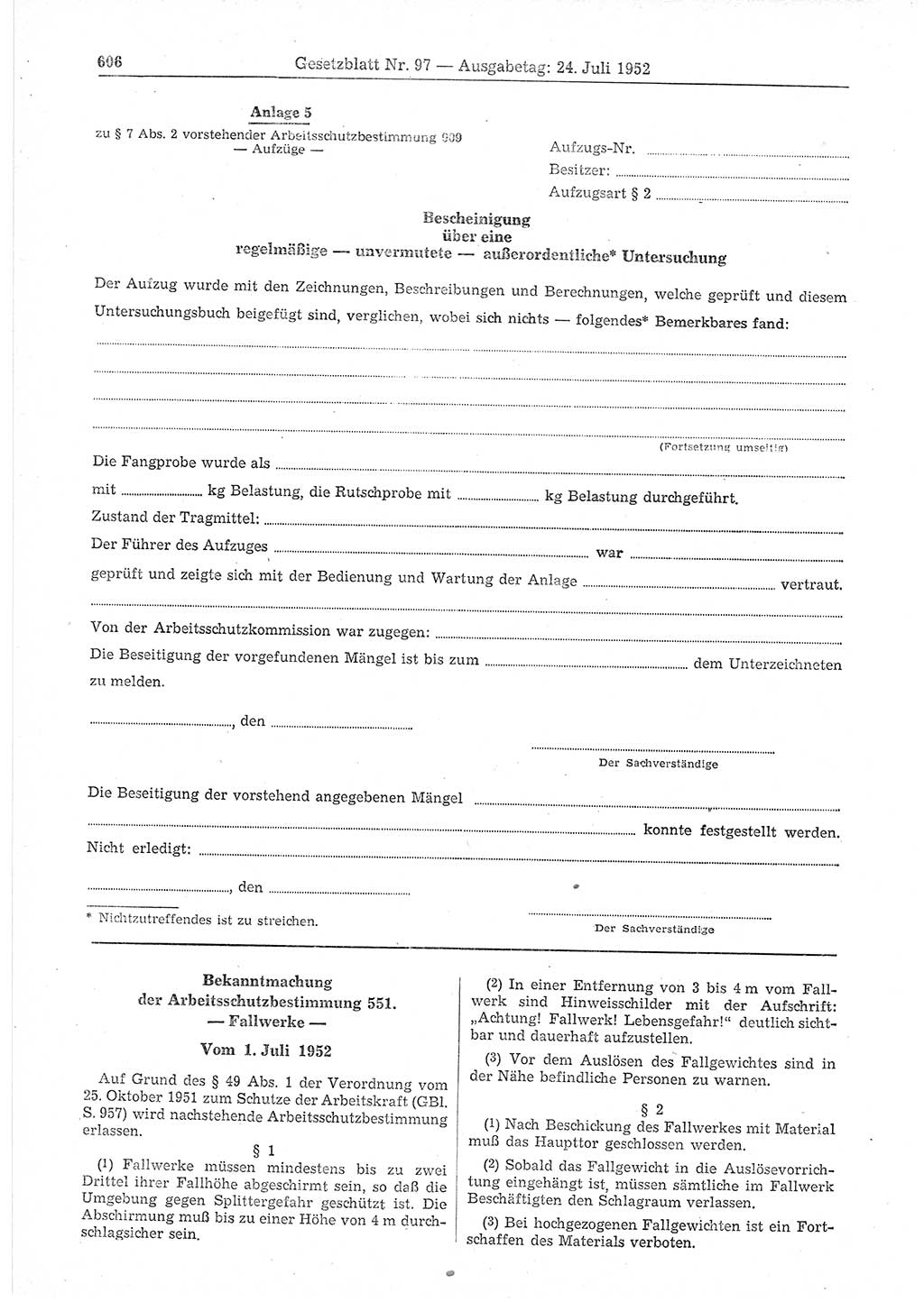 Gesetzblatt (GBl.) der Deutschen Demokratischen Republik (DDR) 1952, Seite 606 (GBl. DDR 1952, S. 606)