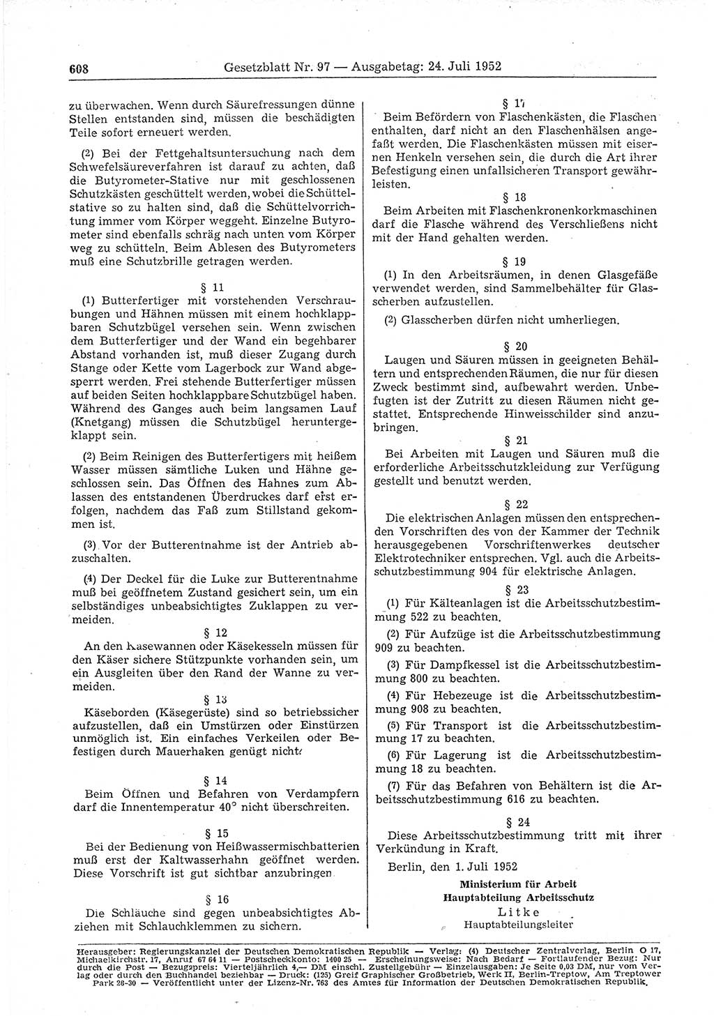 Gesetzblatt (GBl.) der Deutschen Demokratischen Republik (DDR) 1952, Seite 608 (GBl. DDR 1952, S. 608)