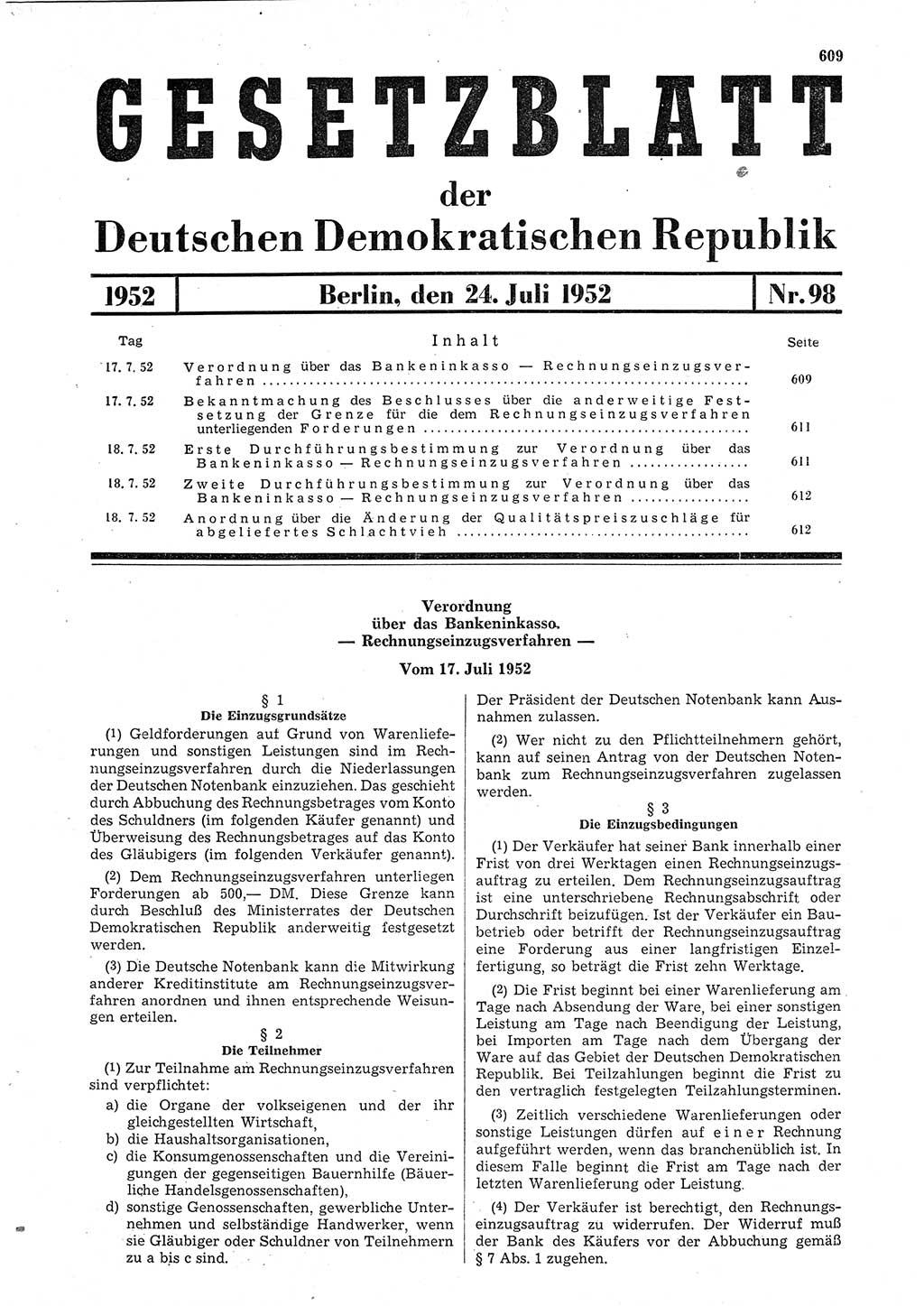Gesetzblatt (GBl.) der Deutschen Demokratischen Republik (DDR) 1952, Seite 609 (GBl. DDR 1952, S. 609)