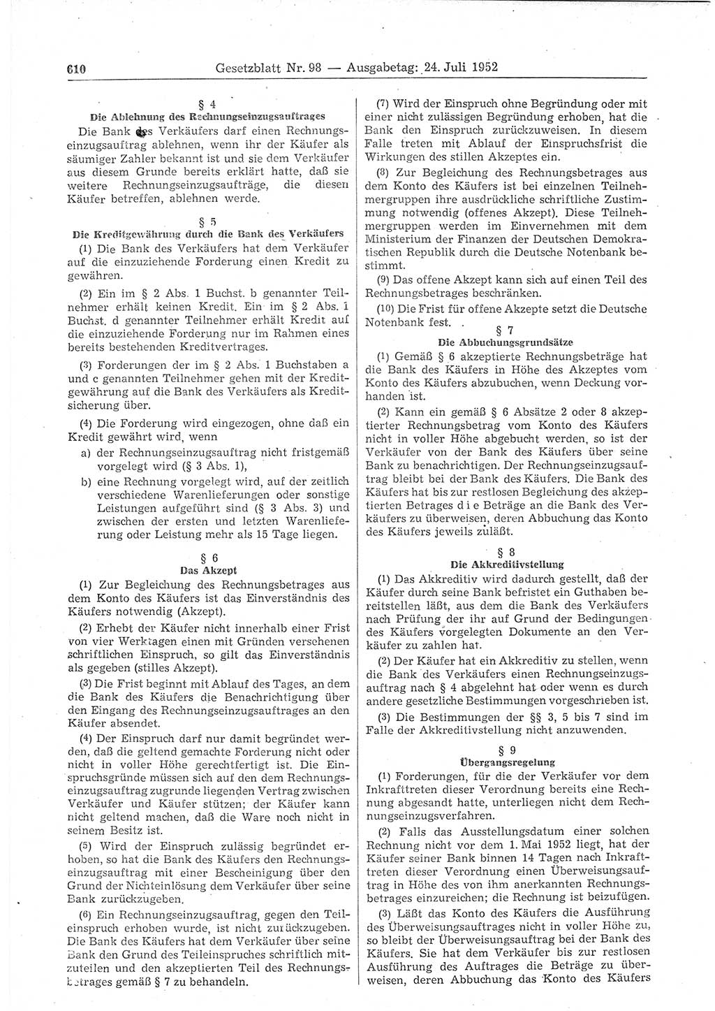 Gesetzblatt (GBl.) der Deutschen Demokratischen Republik (DDR) 1952, Seite 610 (GBl. DDR 1952, S. 610)