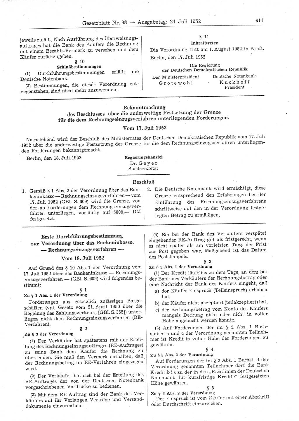 Gesetzblatt (GBl.) der Deutschen Demokratischen Republik (DDR) 1952, Seite 611 (GBl. DDR 1952, S. 611)