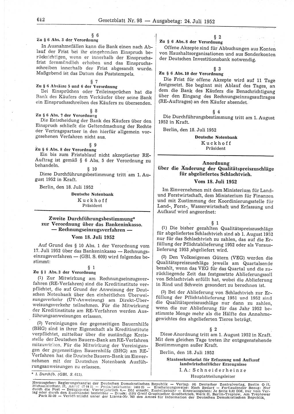 Gesetzblatt (GBl.) der Deutschen Demokratischen Republik (DDR) 1952, Seite 612 (GBl. DDR 1952, S. 612)