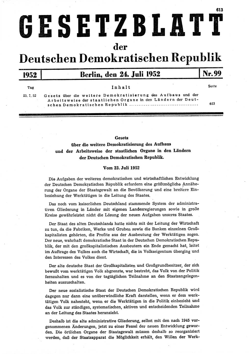 Gesetzblatt (GBl.) der Deutschen Demokratischen Republik (DDR) 1952, Seite 613 (GBl. DDR 1952, S. 613)