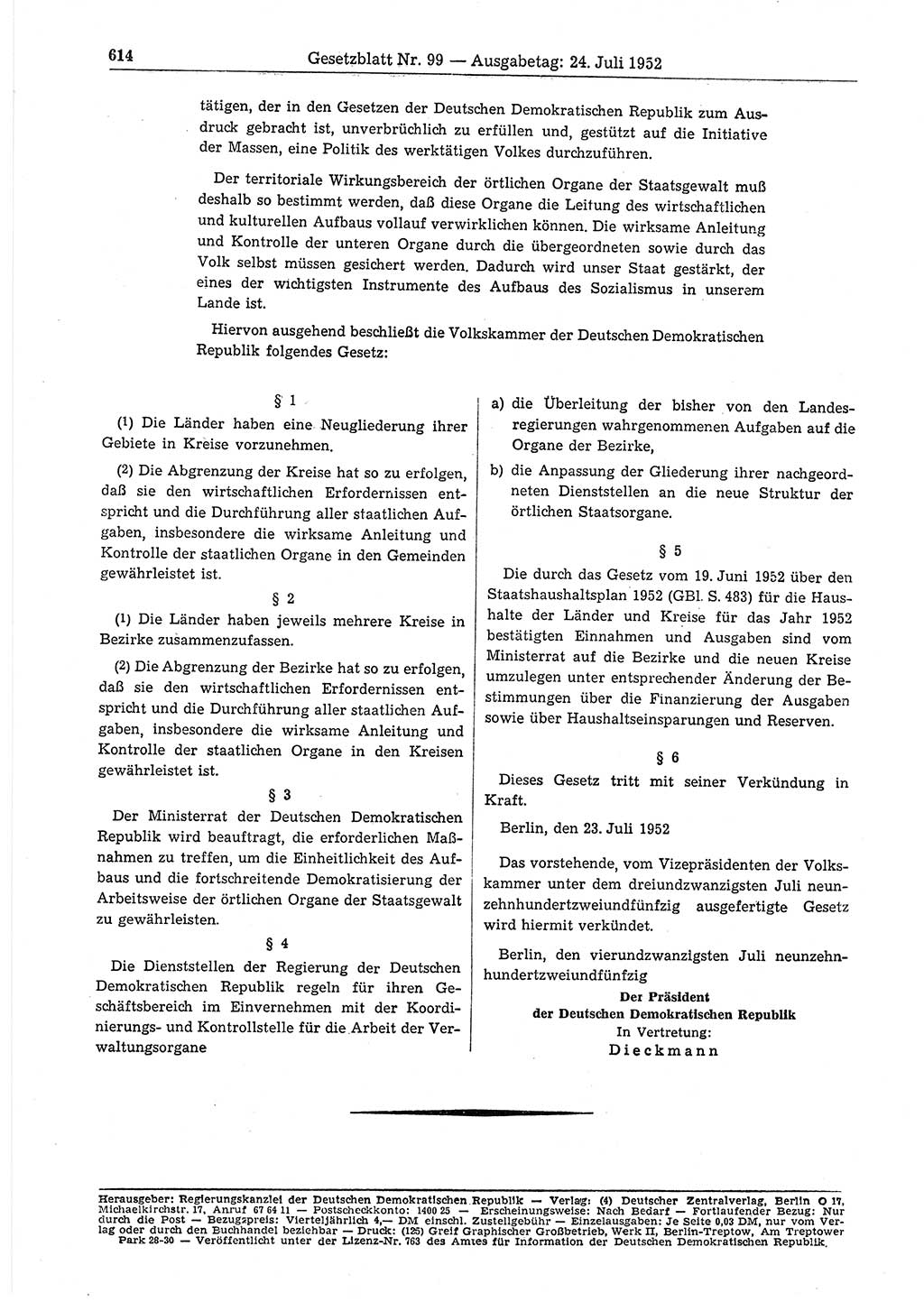 Gesetzblatt (GBl.) der Deutschen Demokratischen Republik (DDR) 1952, Seite 614 (GBl. DDR 1952, S. 614)