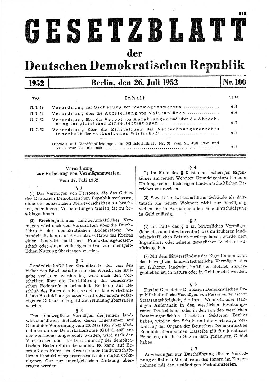 Gesetzblatt (GBl.) der Deutschen Demokratischen Republik (DDR) 1952, Seite 615 (GBl. DDR 1952, S. 615)