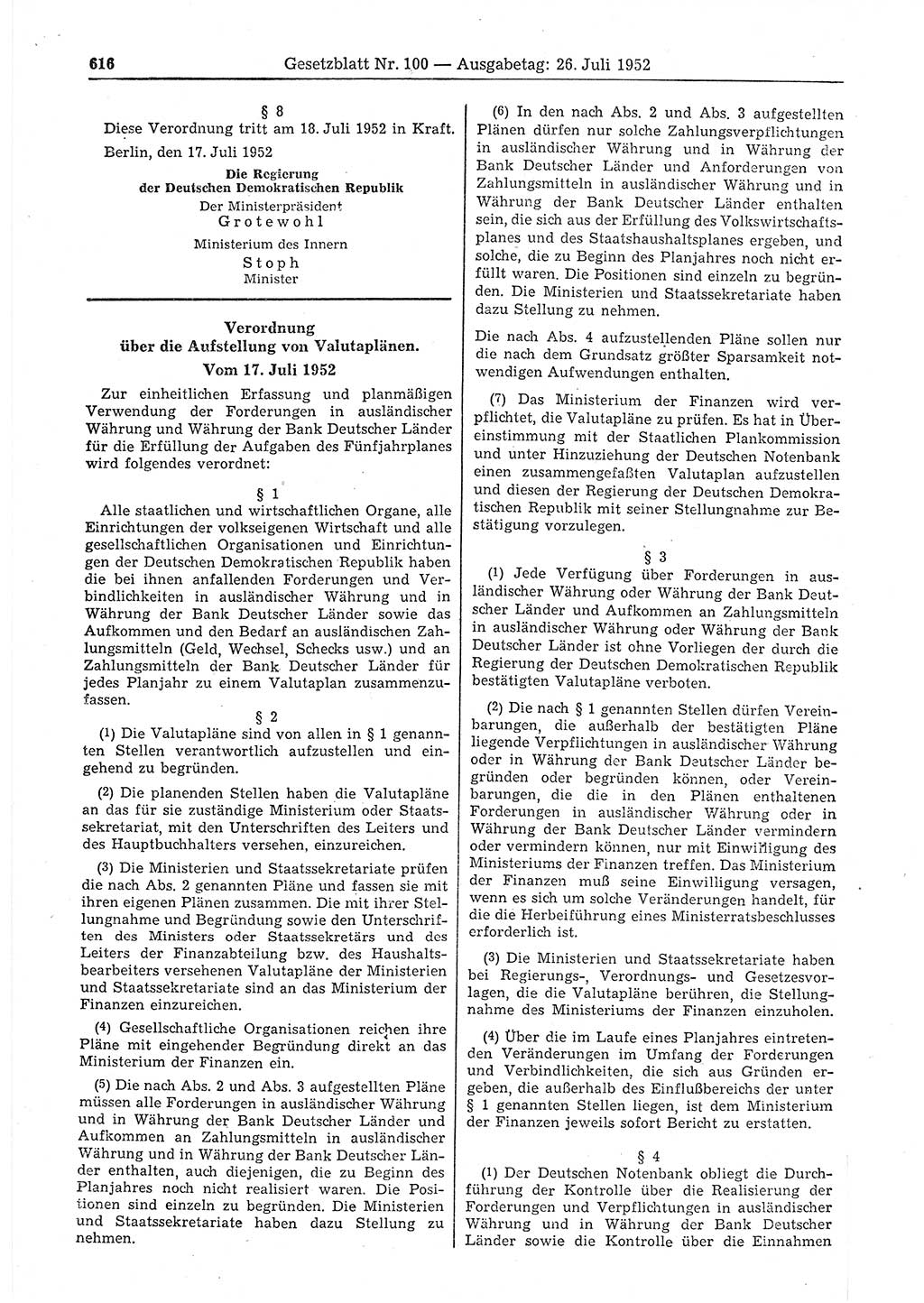 Gesetzblatt (GBl.) der Deutschen Demokratischen Republik (DDR) 1952, Seite 616 (GBl. DDR 1952, S. 616)
