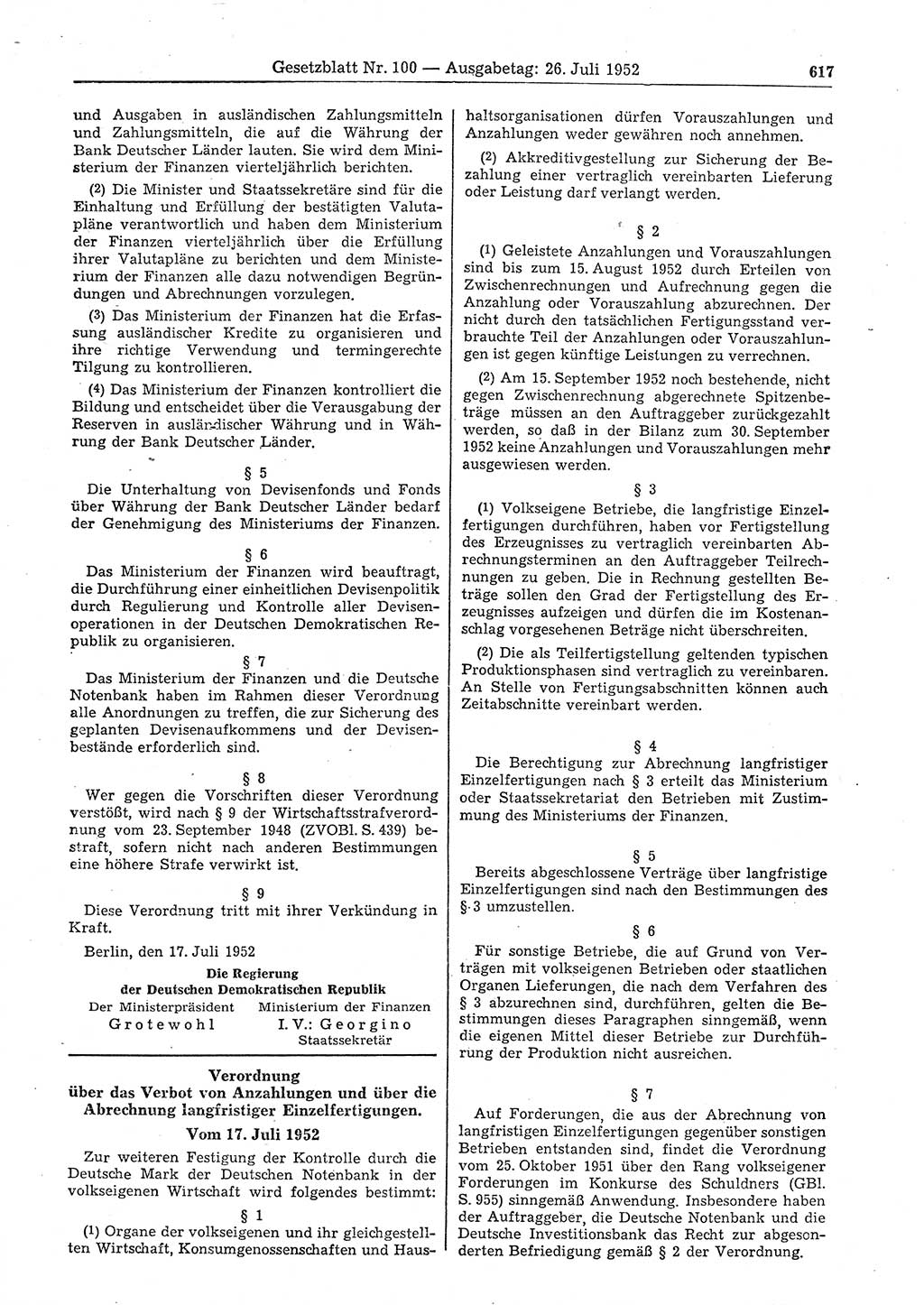 Gesetzblatt (GBl.) der Deutschen Demokratischen Republik (DDR) 1952, Seite 617 (GBl. DDR 1952, S. 617)