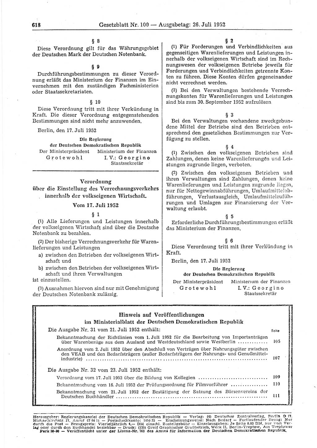 Gesetzblatt (GBl.) der Deutschen Demokratischen Republik (DDR) 1952, Seite 618 (GBl. DDR 1952, S. 618)