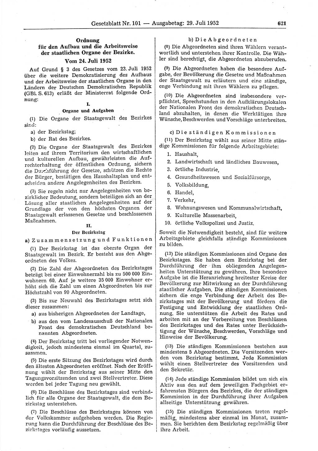 Gesetzblatt (GBl.) der Deutschen Demokratischen Republik (DDR) 1952, Seite 621 (GBl. DDR 1952, S. 621)