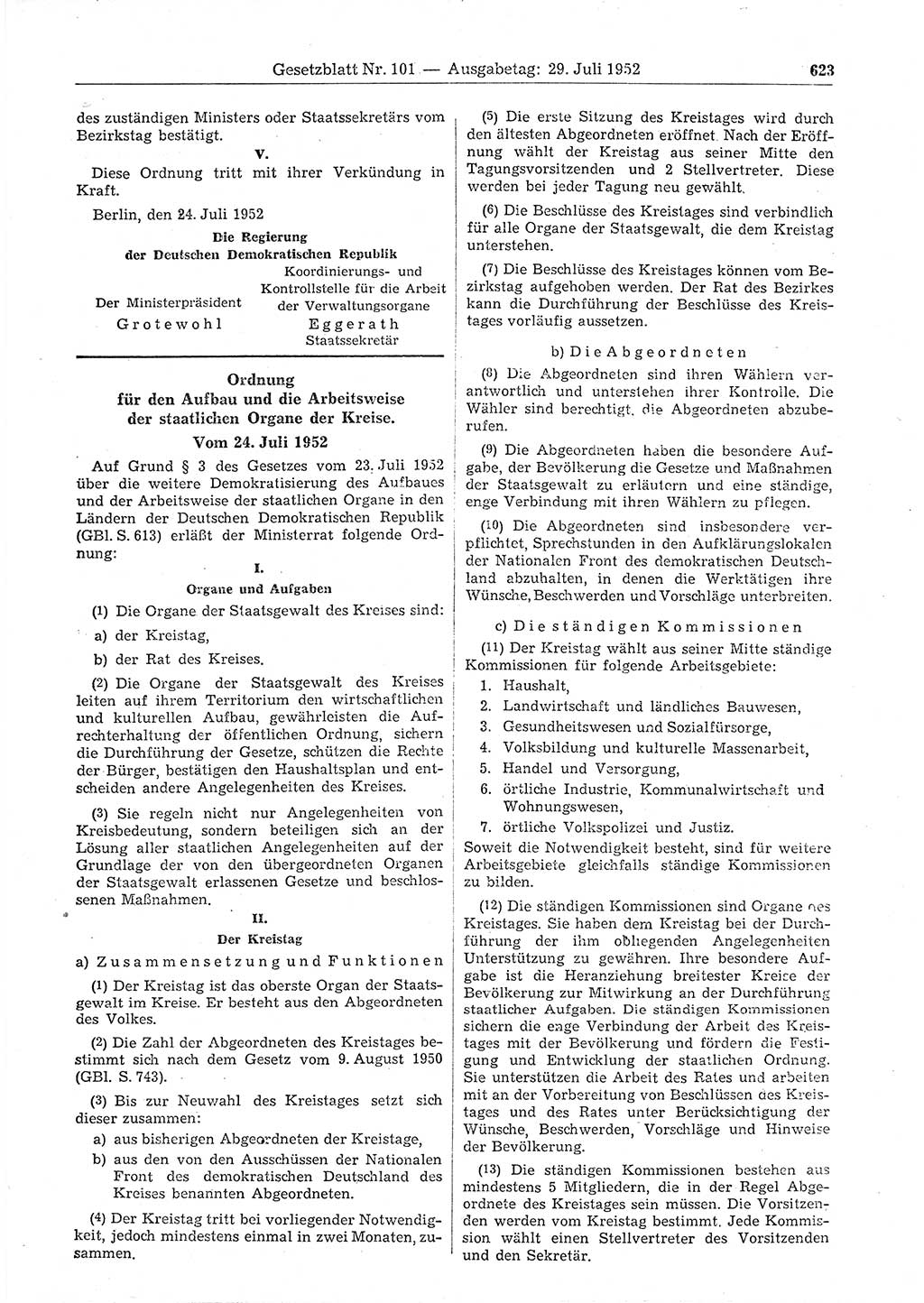 Gesetzblatt (GBl.) der Deutschen Demokratischen Republik (DDR) 1952, Seite 623 (GBl. DDR 1952, S. 623)