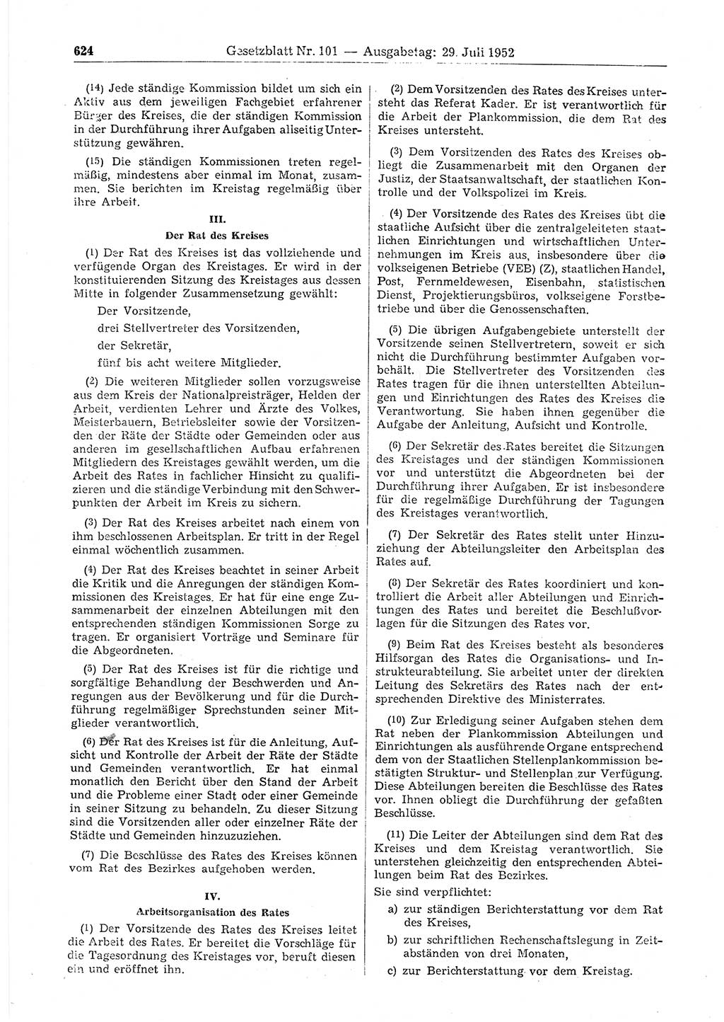 Gesetzblatt (GBl.) der Deutschen Demokratischen Republik (DDR) 1952, Seite 624 (GBl. DDR 1952, S. 624)