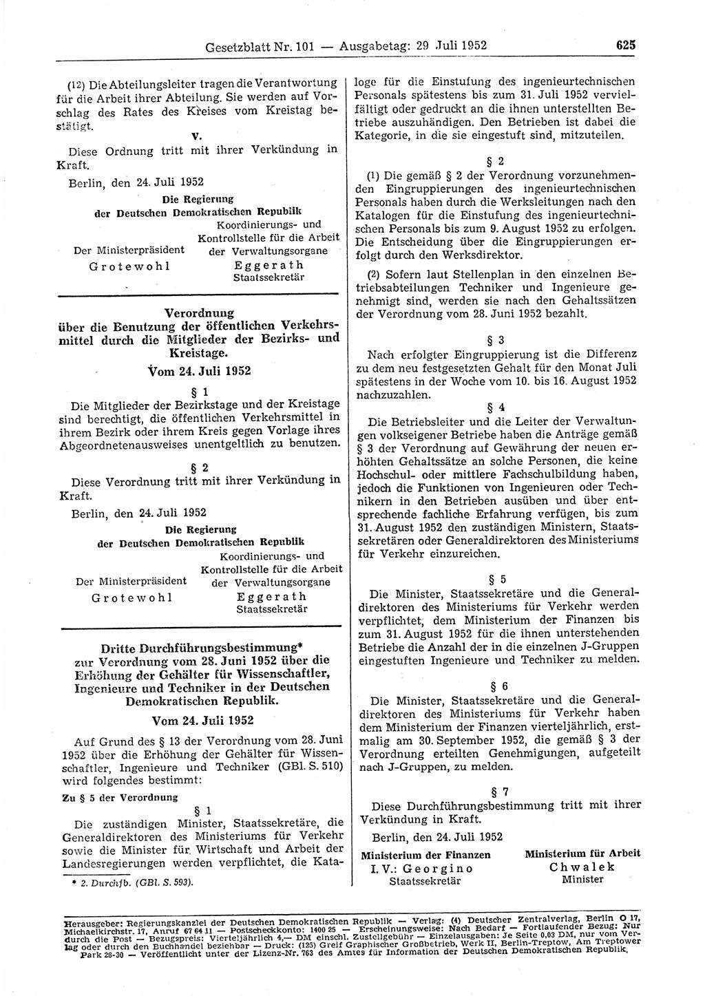 Gesetzblatt (GBl.) der Deutschen Demokratischen Republik (DDR) 1952, Seite 625 (GBl. DDR 1952, S. 625)