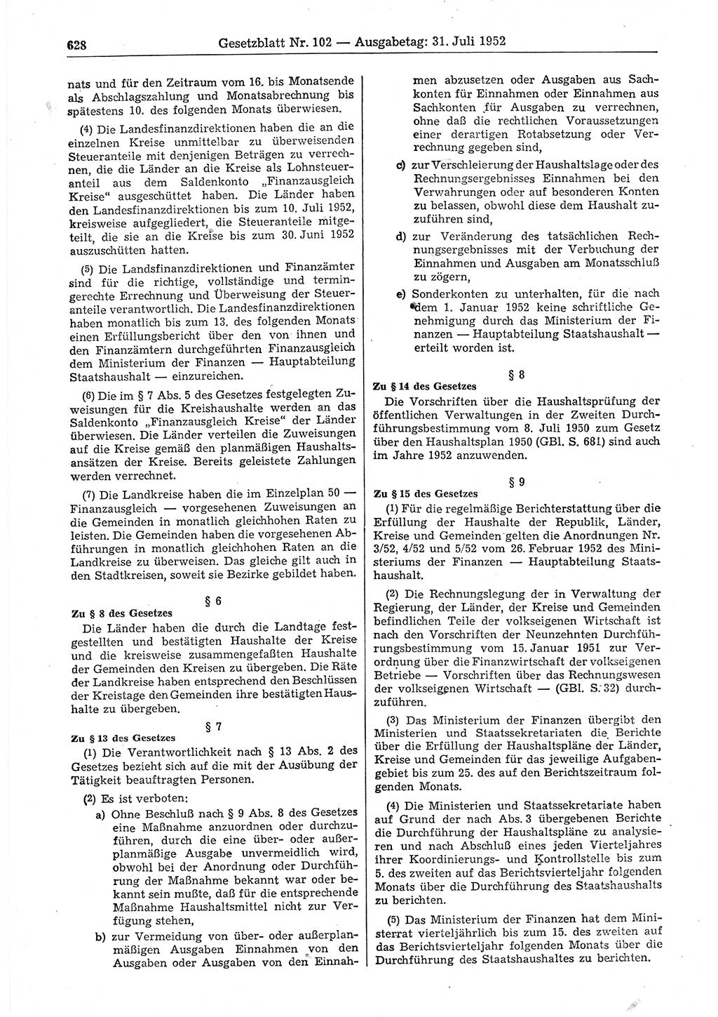 Gesetzblatt (GBl.) der Deutschen Demokratischen Republik (DDR) 1952, Seite 628 (GBl. DDR 1952, S. 628)