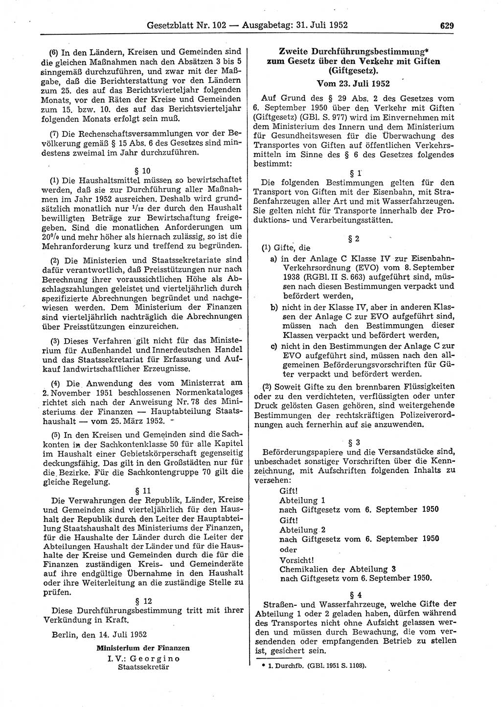 Gesetzblatt (GBl.) der Deutschen Demokratischen Republik (DDR) 1952, Seite 629 (GBl. DDR 1952, S. 629)