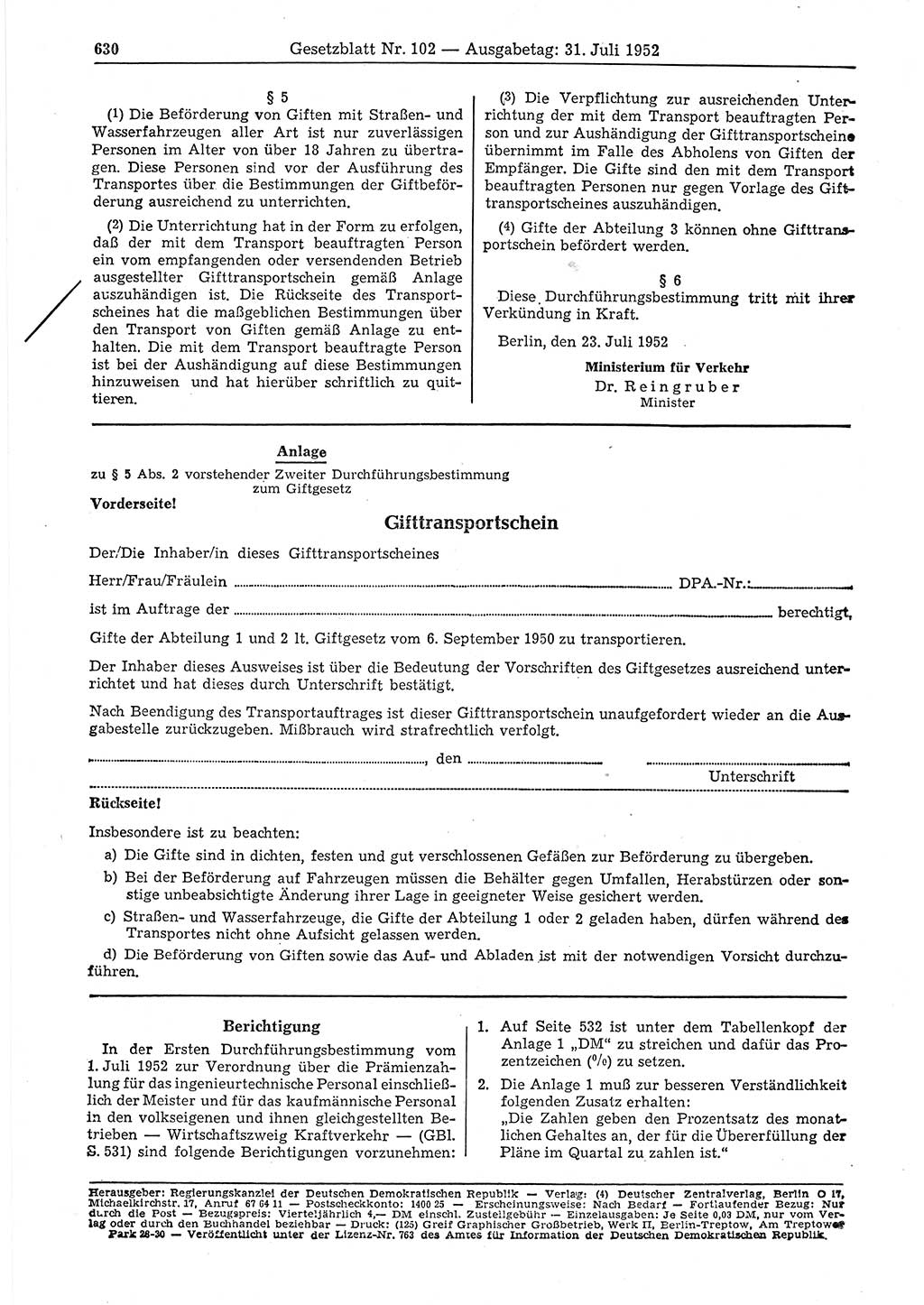 Gesetzblatt (GBl.) der Deutschen Demokratischen Republik (DDR) 1952, Seite 630 (GBl. DDR 1952, S. 630)