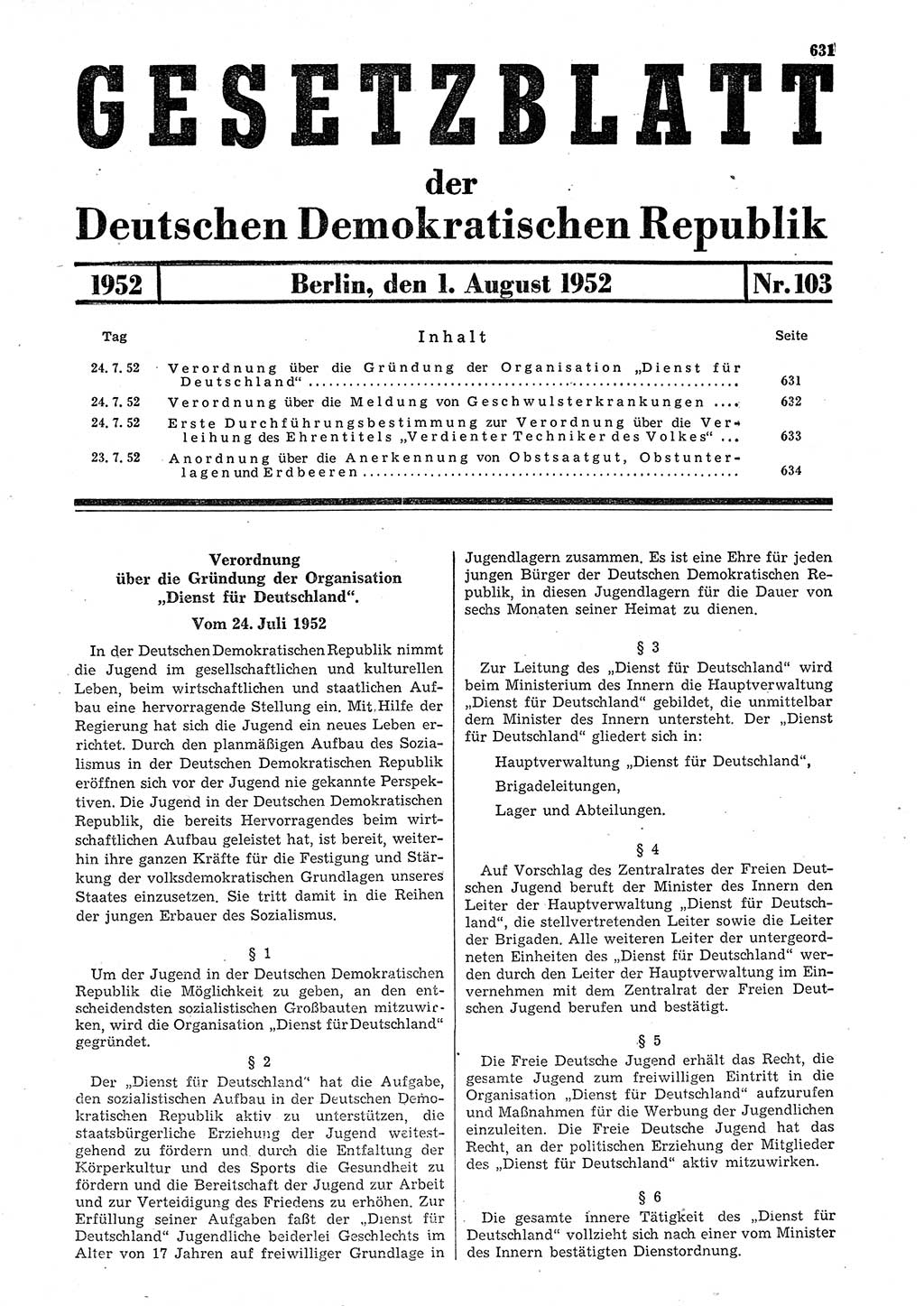Gesetzblatt (GBl.) der Deutschen Demokratischen Republik (DDR) 1952, Seite 631 (GBl. DDR 1952, S. 631)