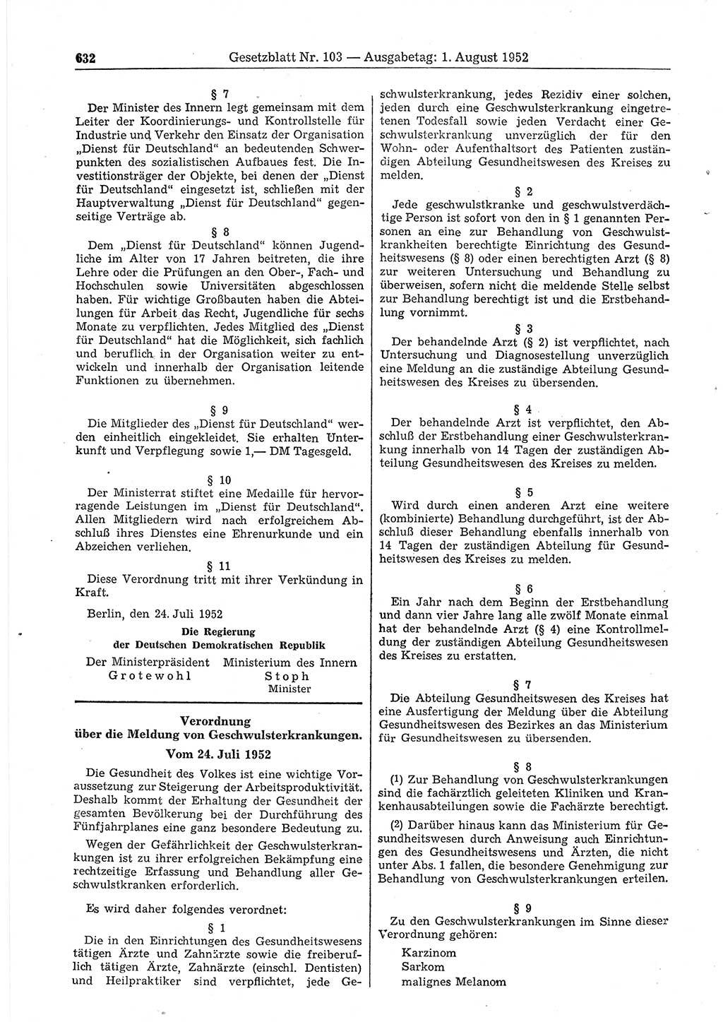 Gesetzblatt (GBl.) der Deutschen Demokratischen Republik (DDR) 1952, Seite 632 (GBl. DDR 1952, S. 632)