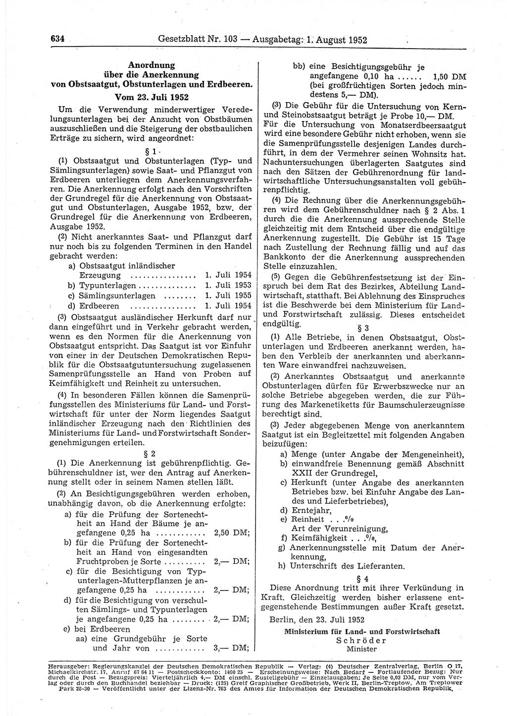 Gesetzblatt (GBl.) der Deutschen Demokratischen Republik (DDR) 1952, Seite 634 (GBl. DDR 1952, S. 634)