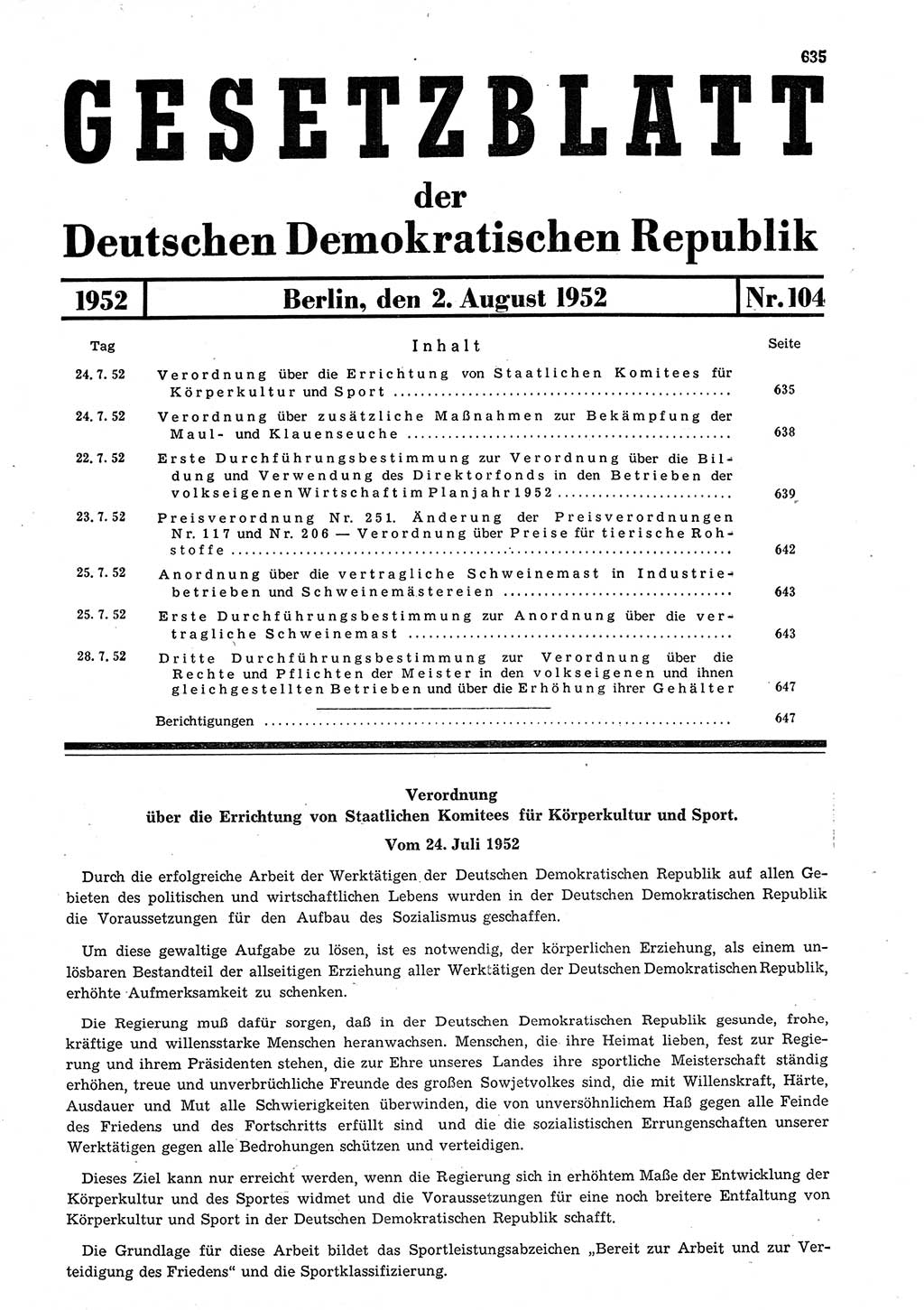 Gesetzblatt (GBl.) der Deutschen Demokratischen Republik (DDR) 1952, Seite 635 (GBl. DDR 1952, S. 635)
