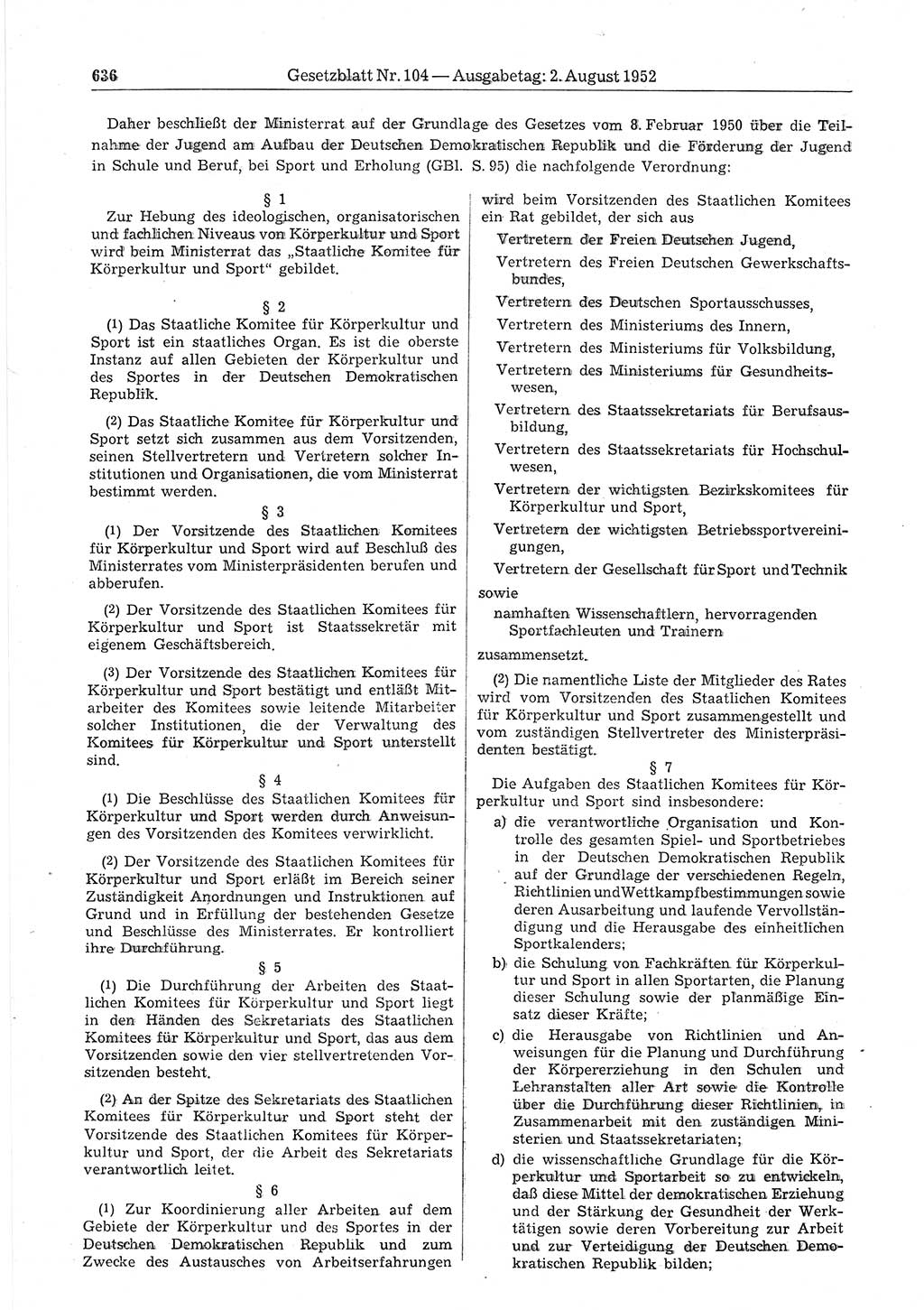 Gesetzblatt (GBl.) der Deutschen Demokratischen Republik (DDR) 1952, Seite 636 (GBl. DDR 1952, S. 636)
