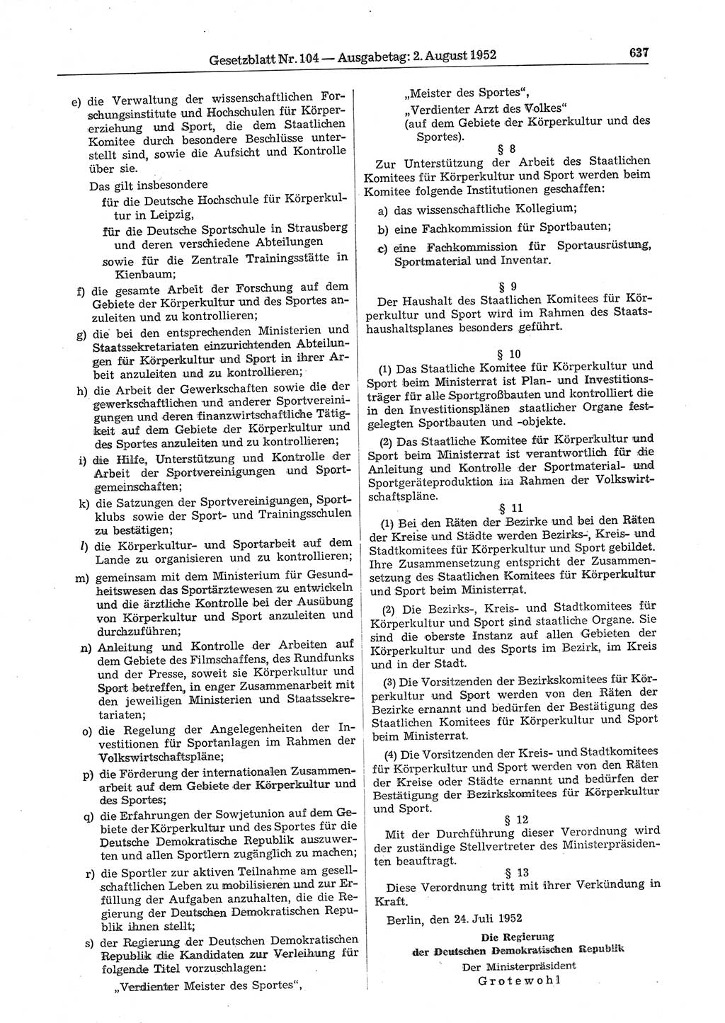 Gesetzblatt (GBl.) der Deutschen Demokratischen Republik (DDR) 1952, Seite 637 (GBl. DDR 1952, S. 637)