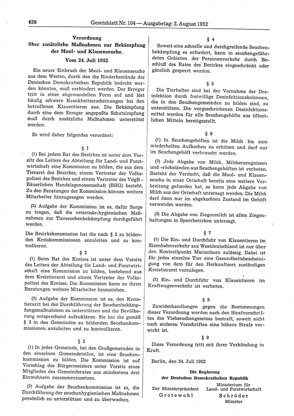 Gesetzblatt (GBl.) der Deutschen Demokratischen Republik (DDR) 1952, Seite 638 (GBl. DDR 1952, S. 638)