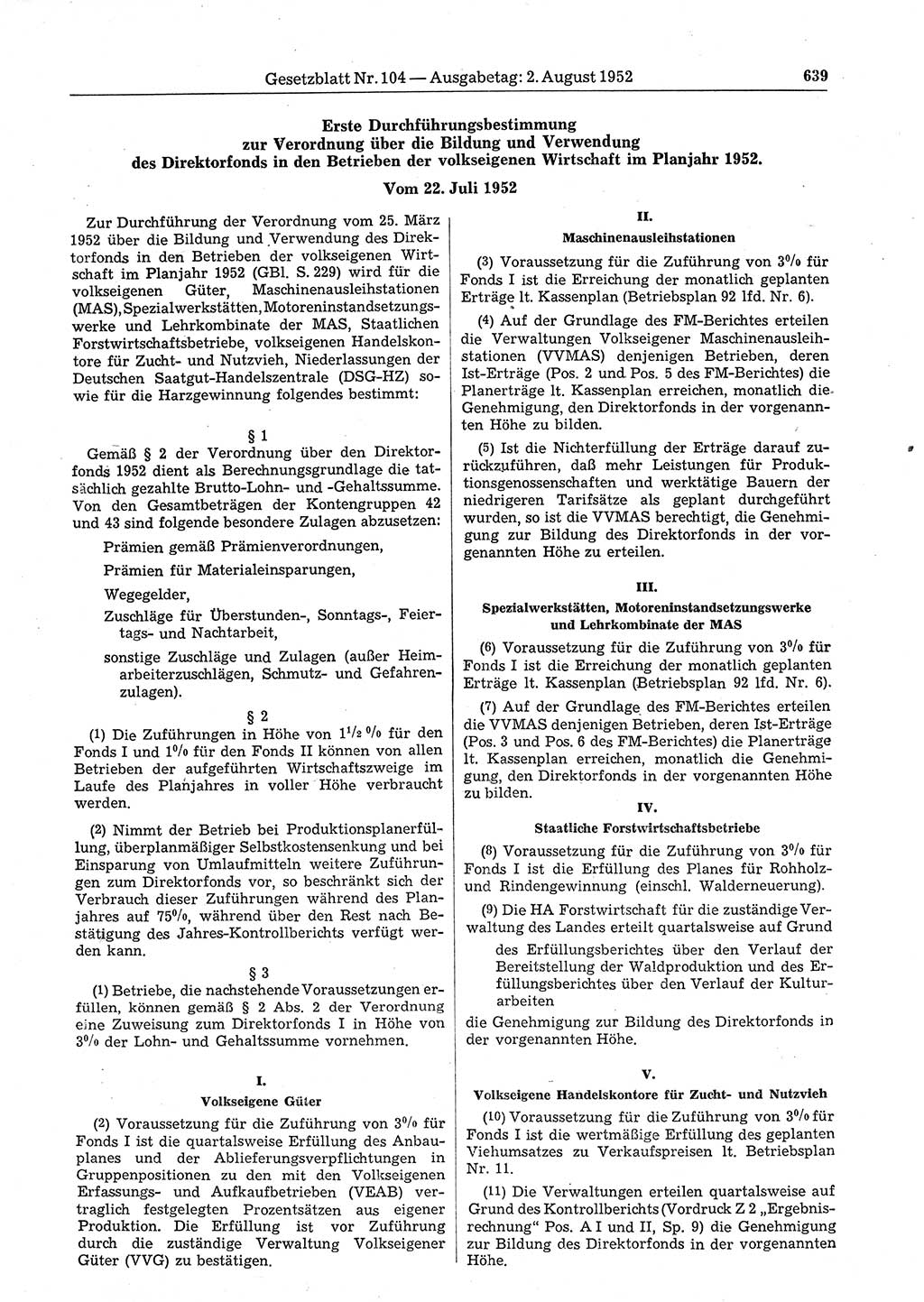 Gesetzblatt (GBl.) der Deutschen Demokratischen Republik (DDR) 1952, Seite 639 (GBl. DDR 1952, S. 639)