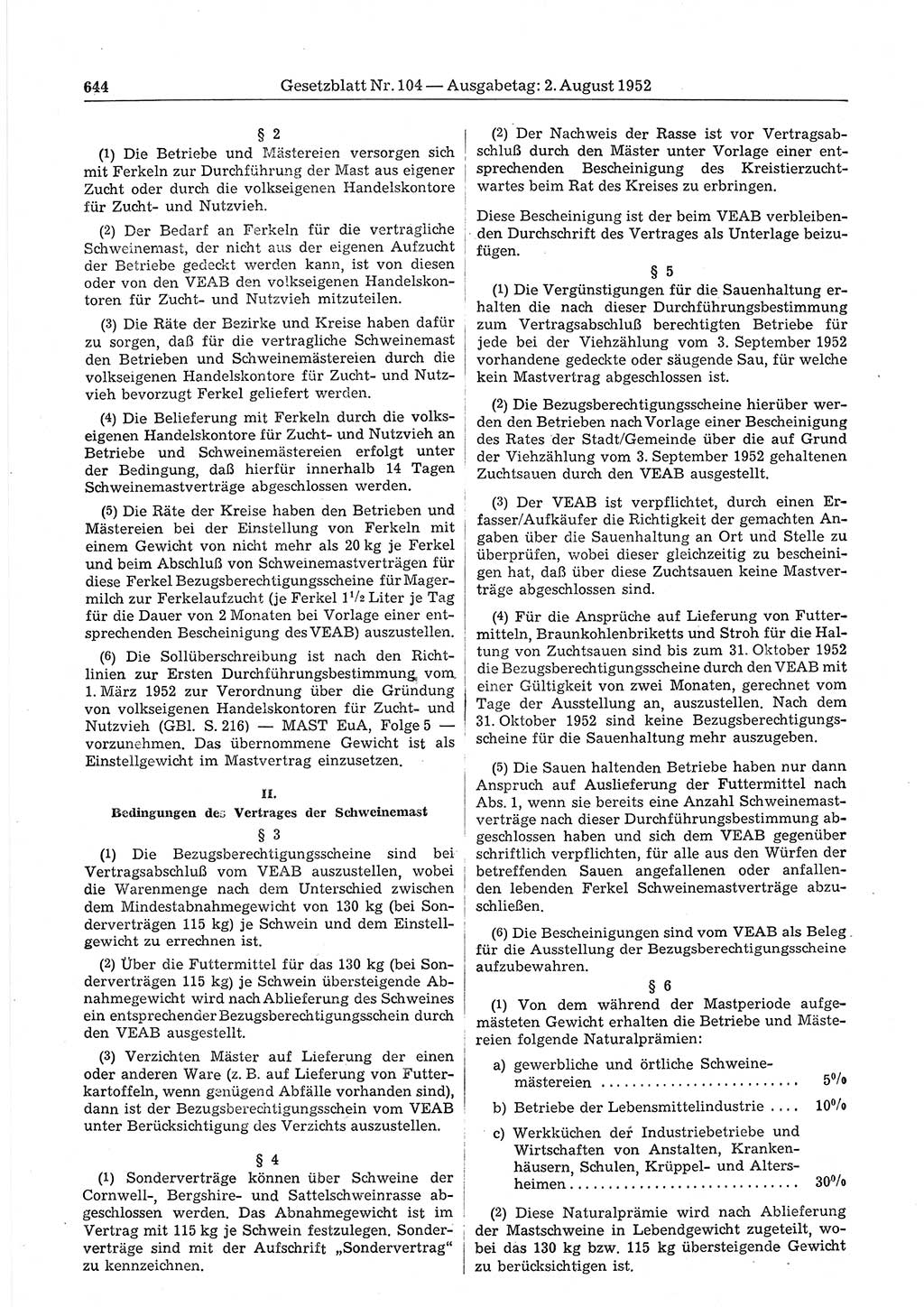 Gesetzblatt (GBl.) der Deutschen Demokratischen Republik (DDR) 1952, Seite 644 (GBl. DDR 1952, S. 644)