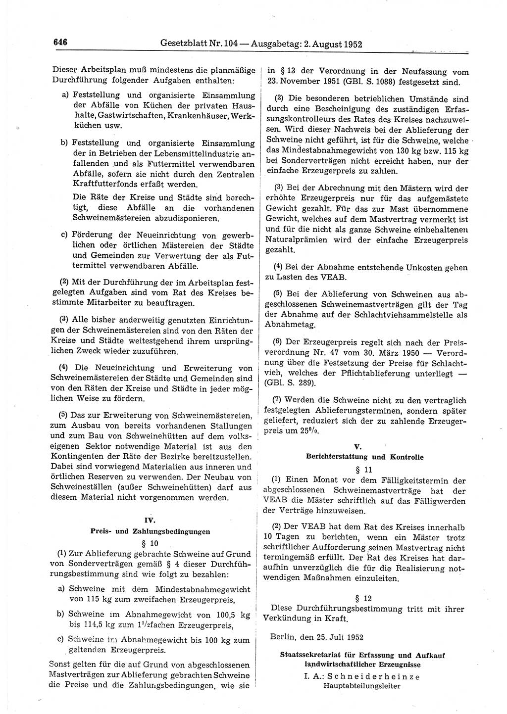 Gesetzblatt (GBl.) der Deutschen Demokratischen Republik (DDR) 1952, Seite 646 (GBl. DDR 1952, S. 646)