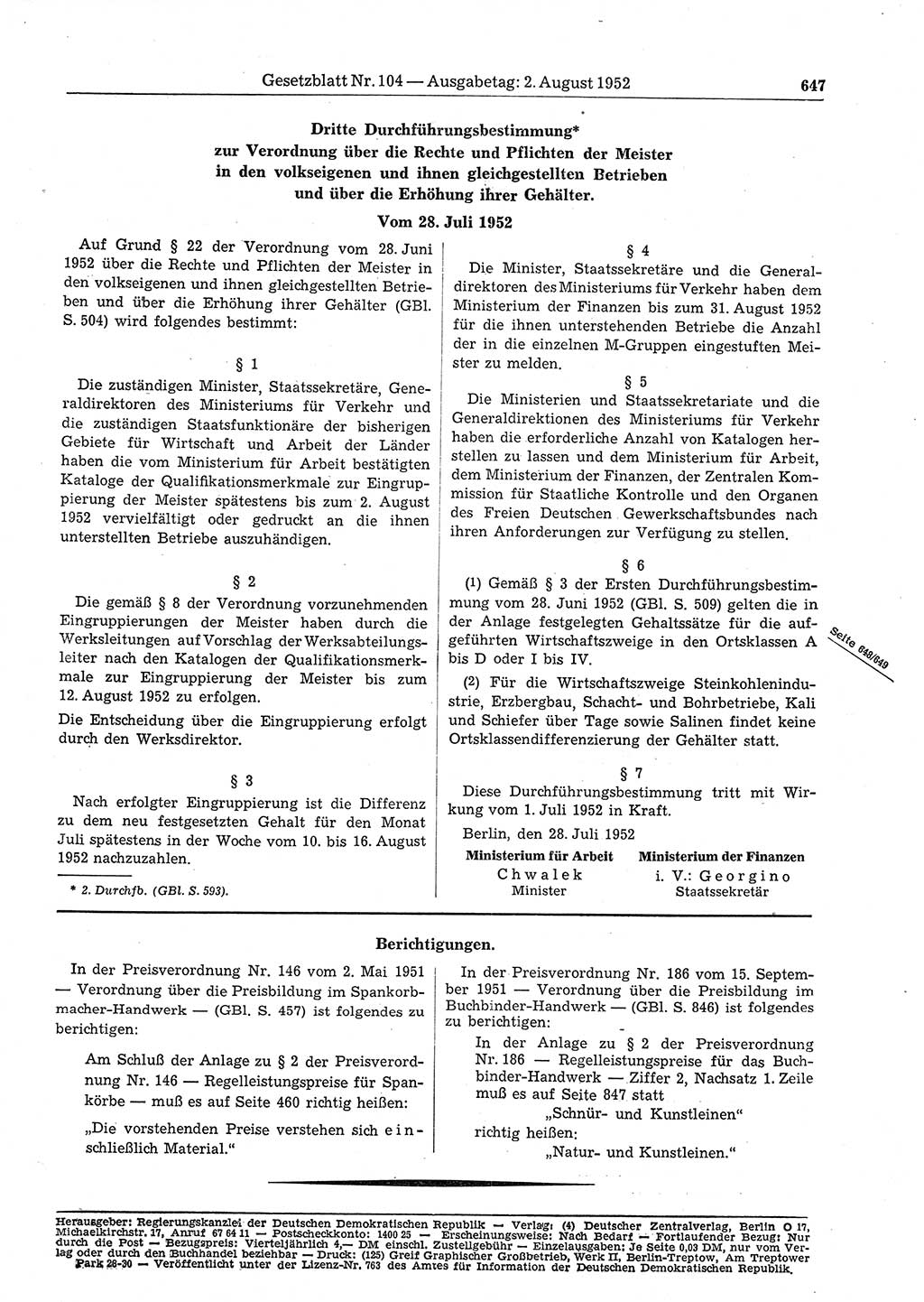 Gesetzblatt (GBl.) der Deutschen Demokratischen Republik (DDR) 1952, Seite 647 (GBl. DDR 1952, S. 647)