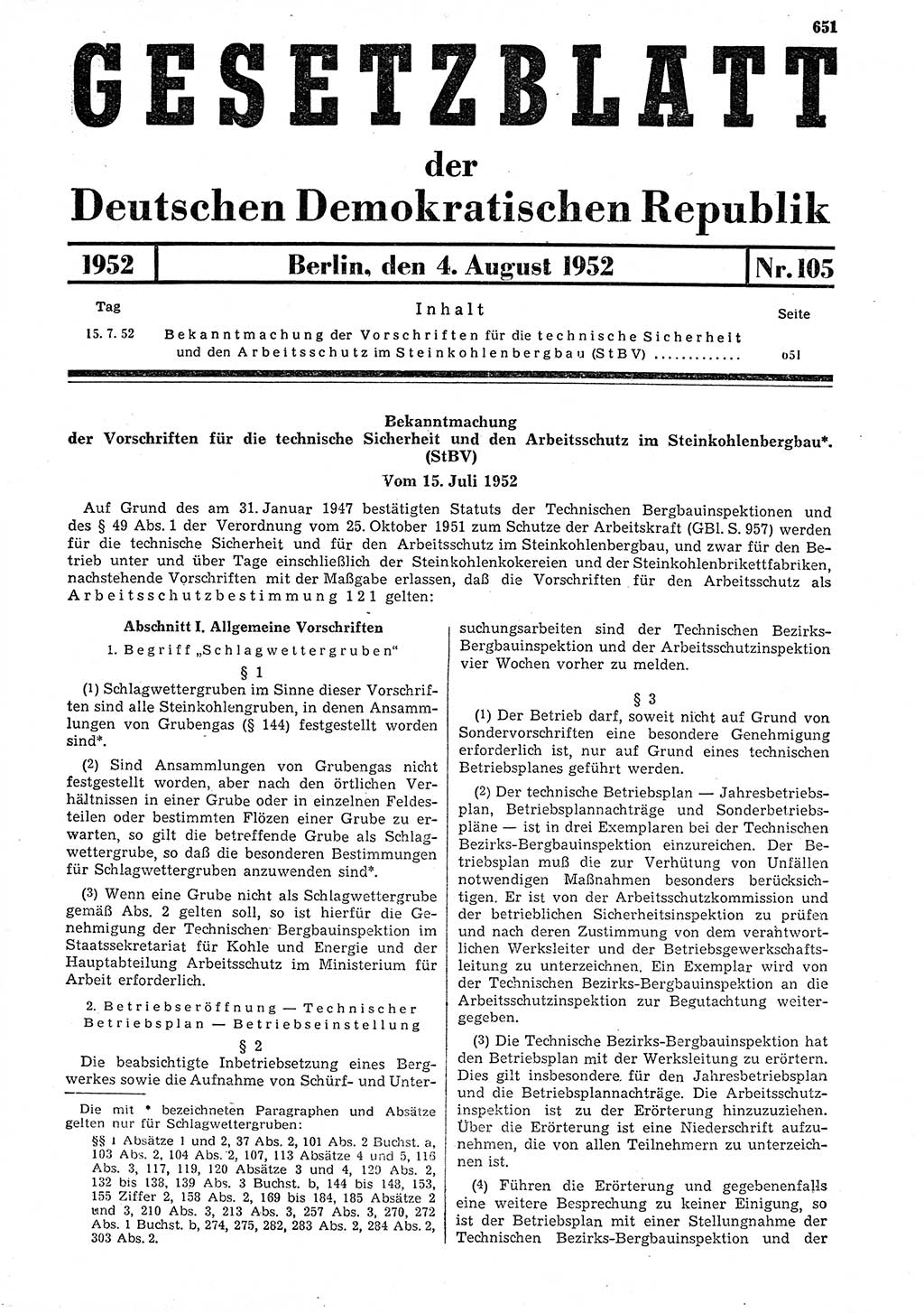 Gesetzblatt (GBl.) der Deutschen Demokratischen Republik (DDR) 1952, Seite 651 (GBl. DDR 1952, S. 651)