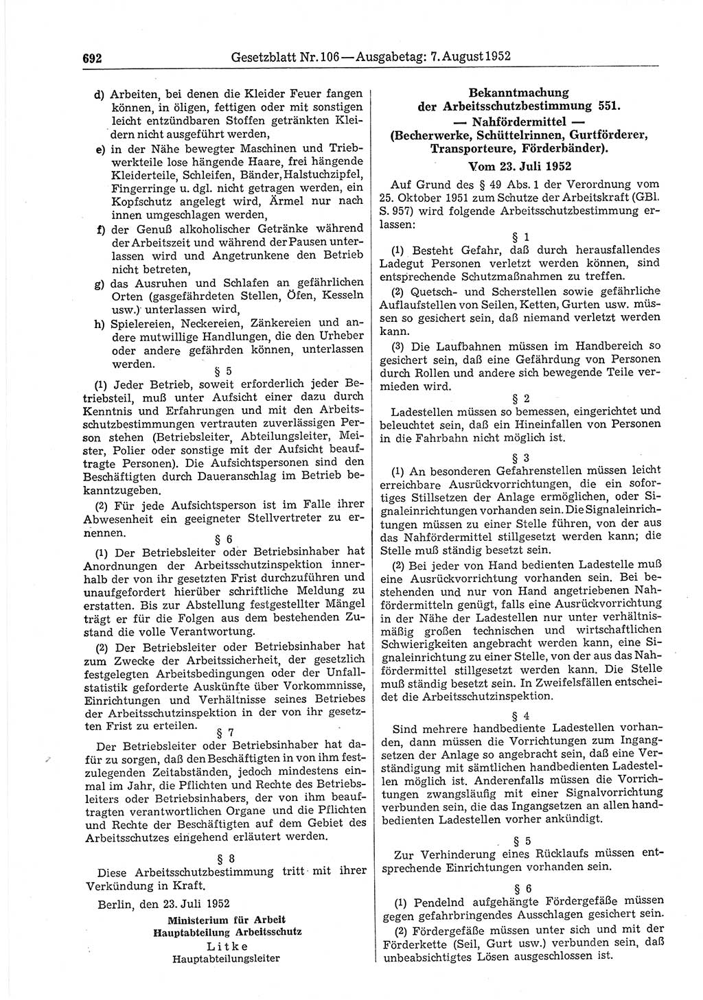 Gesetzblatt (GBl.) der Deutschen Demokratischen Republik (DDR) 1952, Seite 692 (GBl. DDR 1952, S. 692)