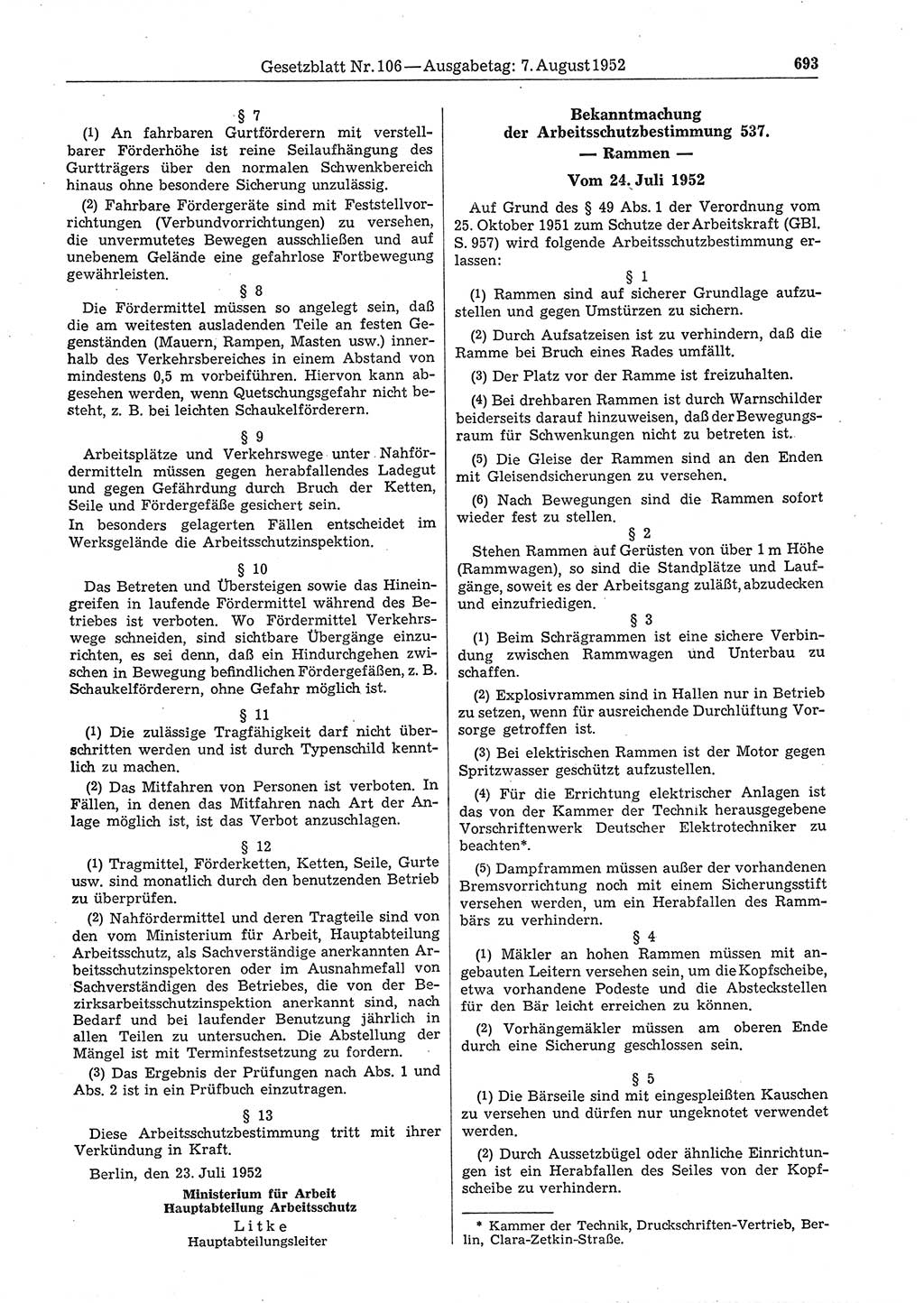 Gesetzblatt (GBl.) der Deutschen Demokratischen Republik (DDR) 1952, Seite 693 (GBl. DDR 1952, S. 693)